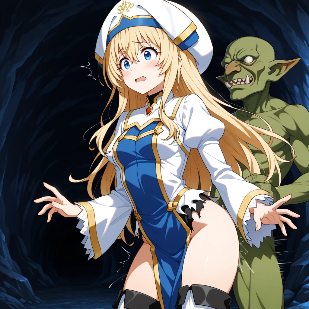 (masterpiece, best quality), intricate details,
1girl, <lora:priestess-lora-nochekaiser:0.8> priestess, blonde hair, blue eyes, long hair, hair between eyes,, boots, dress, frilled sleeves, frills, hat, white headwear, pelvic curtain, high heels, robe, thigh boots, thighhighs, white thighhighs, long sleeves, puffy sleeves,,
small breasts, fantasy village, night time, goblin, goblin horde, scary, <lora:goblin_v0.1a:0.8> torn clothes, scared, blood on face, injured, hurt, <lora:dirty_v0.1:0.8> dirty, restrained, <lora:kidnap_v0.2:0.8>