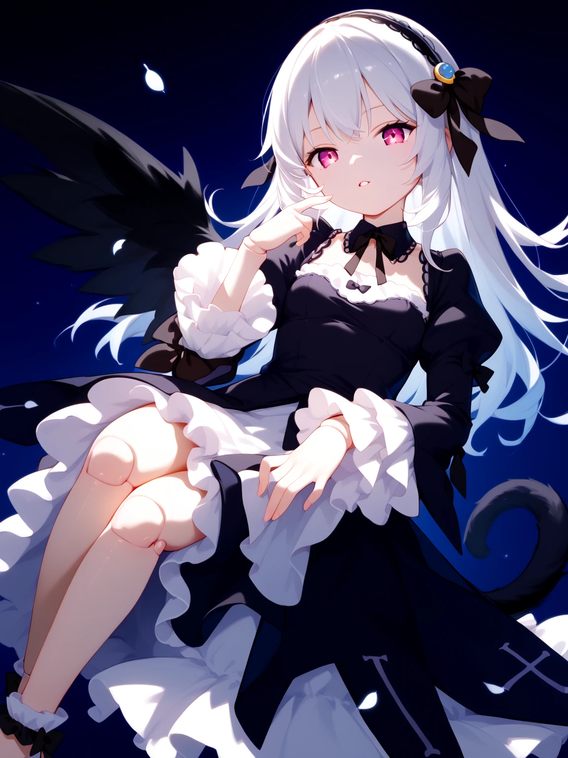 solo, child,1girl, horns, wings, heterochromia, dress, barefoot, long hair, white background, yellow eyes, white hair, simple background, white dress, black wings, jewelry, full body, very long hair, feathered wings, eyebrows visible through hair, looking at viewer, bare shoulders, dark skin, anklet, dark-skinned female, bangs, black eyes, gloves, black gloves, curled horns, (half-closed eyes, evil smile, blush:1.2),sketch, long sleeves