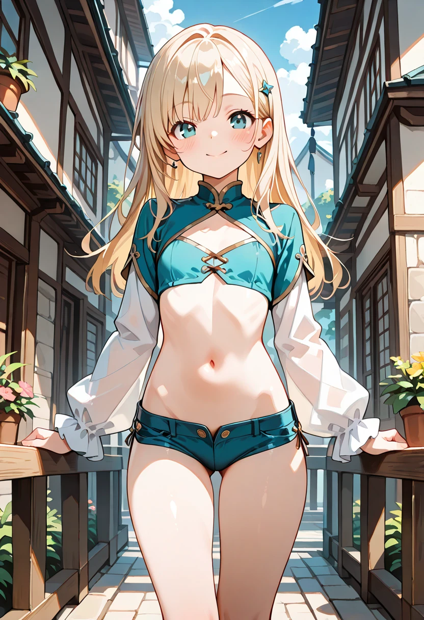masterpiece, Mountainous Regions, Medieval city, 1 boy, Blonde, Noble long hair, Medium Hair, blue eyes, ((((nude)))), 1boy, open mouth, hip sway dance, front, front, arms behind head, (((Small breasts))), (((glaring))), ((smile)), ((scared)), grin