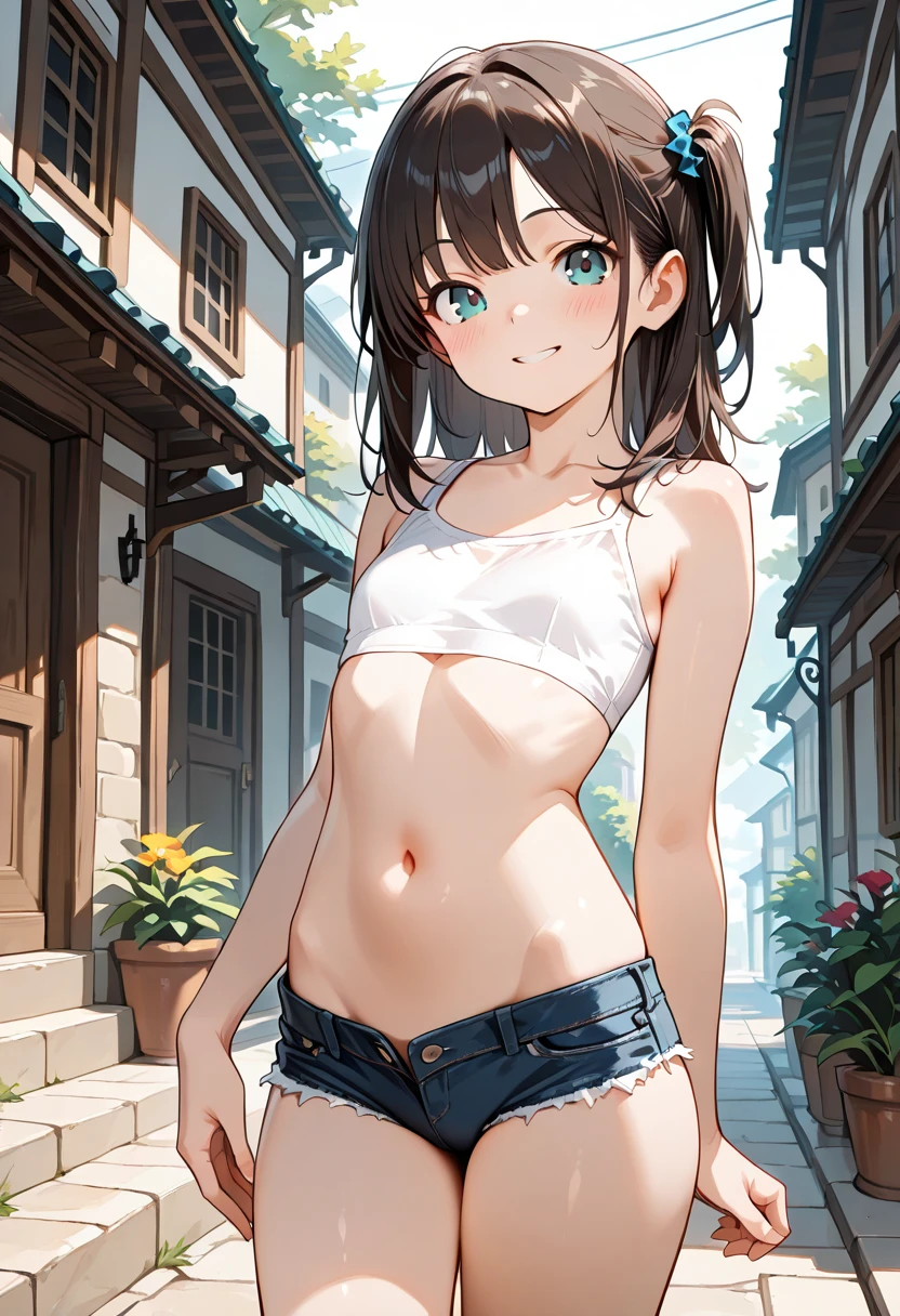 masterpiece, Highest quality, High resolution, Very detailed,(((Chiyoko Sonoda))), (((Light blue underwear))), evening, Zoom in, Brick wall