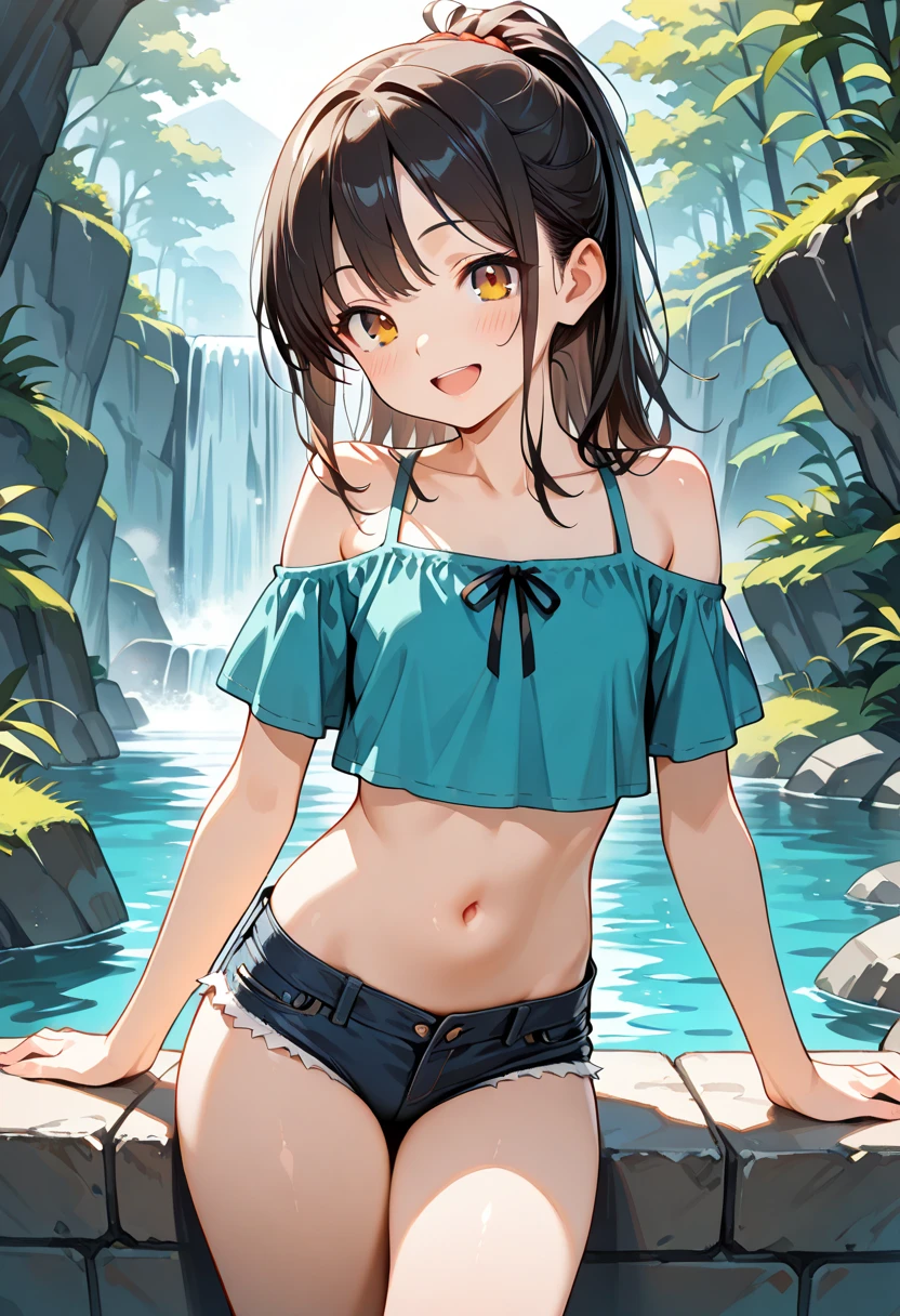 1 girl, short hair , , kasumi nakasu, magenta eyes,short hair, hair clip, small breast, flat chest, blush, bow,masterpiece, best quality, looking at viewer, blush, smile, , standing alone in river, bikini, shot from behind , behind, white light background, 2 piece bikini,