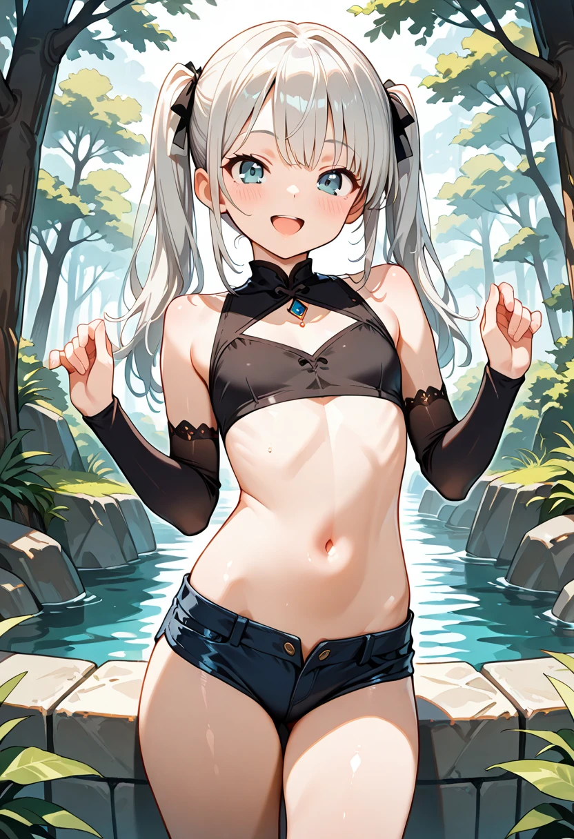 ((Masterpiece)), (best quality), (cinematic lighting), Cute teenage girl, Cute eyes, backlit, side light, small breast, slender body, (trival grass skirt), (put on cat ears), (ancient ruined overgrown), ((knee up)), cute pose, looking at outside, (evil smile, blush), silver hair with red mesh, ((wearing Fur Tube Top))