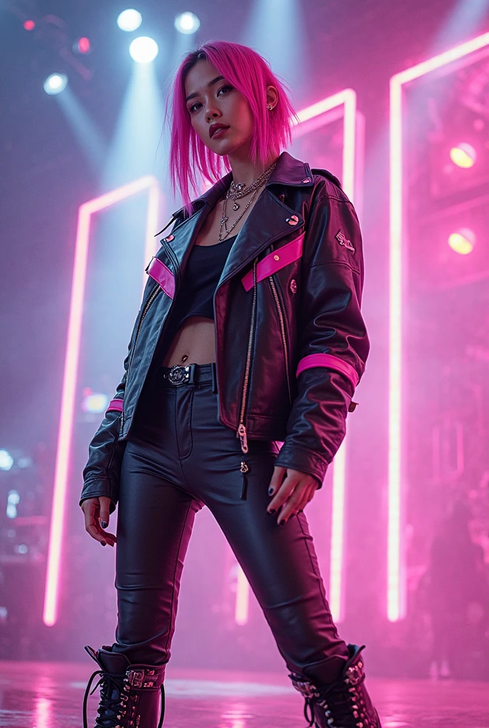 woman with pink hair and leather pants standing on a city street, wearing cyberpunk streetwear, cyberpunk photo, in cyberpunk style, in cyberpunk city, hyper-realistic cyberpunk style, cyberpunk streetwear, photograph of a techwear woman, cyberpunk lut, cyberpunk style outfit, cyberpunk look, cyberpunk style, wearing cyberpunk 2 0 7 7 jacket, wearing cyberpunk leather jacket, cyberpunk vibe