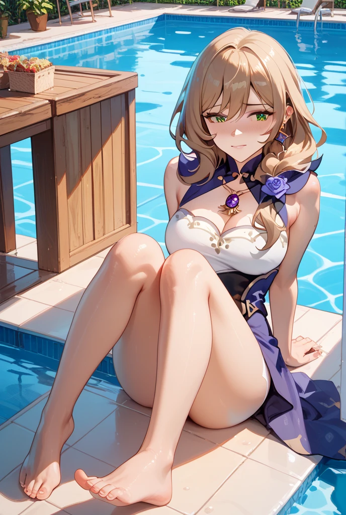 (high quality, ultra detailed, perfect anatomy, masterpiece) 1girl, flat chest, curly hair, gold hair, cute smile, purple bikini, blue stockings, sneakers , taking photos, posing, by the pool, at night, star filled sky