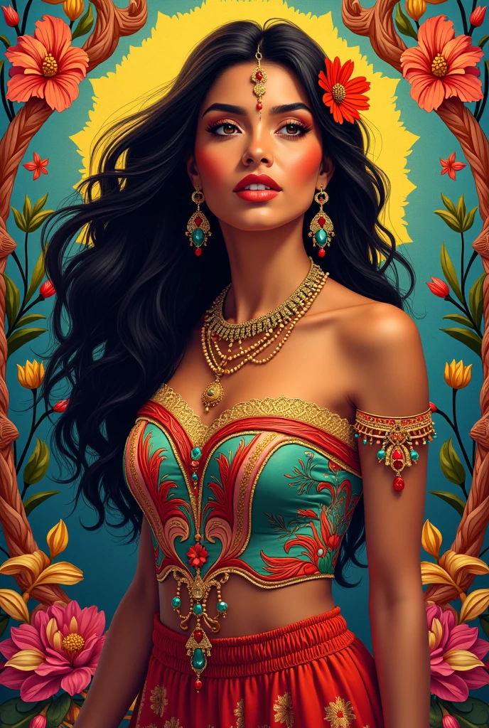 A Latin beauty , charming temperament, traditional flowy aztec skirt, clear face, pretty eyes, surrounding osmanthus, proportional masterpiece of perfect body structure, super detailed, epic composition, color tattoo art, new traditional tattoo art, SD Tattoo Design., color tattoo art, mysterious warm and friendly atmosphere, Hyperrealistic painting, super HD, high quality, of the highest quality, 32k --v 6
