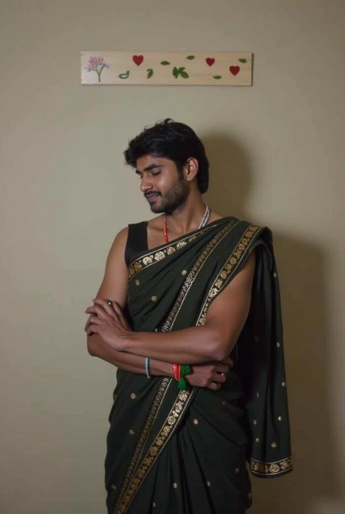 A sexy indian man wearing a sari, penis,homoerotic, messy hair, detailed face and eyes, head to thighs on focus , in a dark forest, (handsome face ),nsfw, serious expression , seductive expression ,