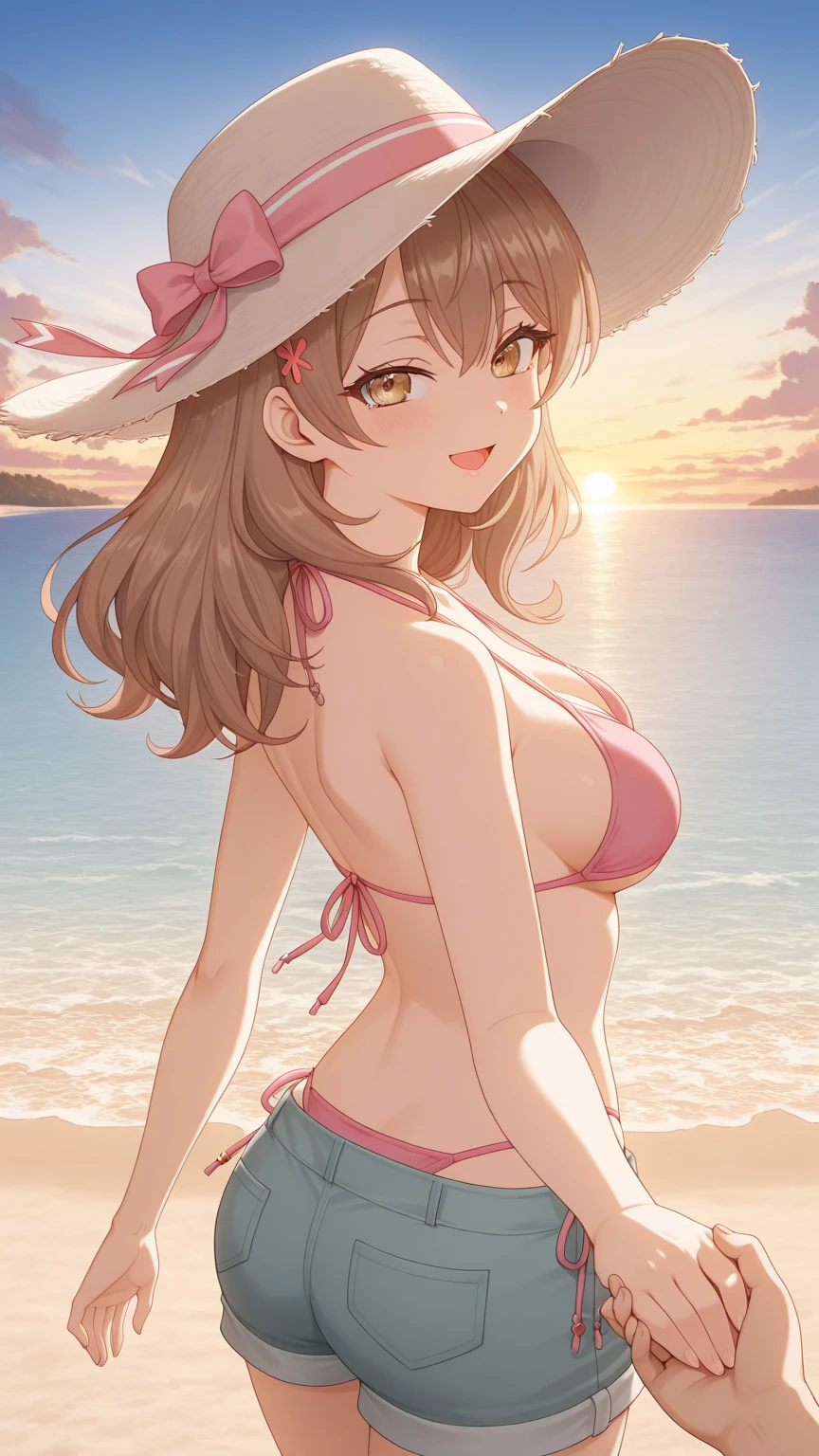 score_9, score_8_up, score_7_up, score_6_up, uncensored, iida nana,long hair, brown hair, brown eyes, huge breasts, BREAK (detailed eyes:1.5), (perfect hands, perfect anatomy), Anime Style, Manga Style, Hand drawn, cinematic, Sharp focus, humorous illustration, big depth of field, Masterpiece, concept art, trending on artstation, Vivid colors, Simplified style, trending on ArtStation, trending on CGSociety, Intricate, Vibrant colors, Soft Shading, Simplistic Features, Sharp Angles, Playful, excessive sweating, sweating profusely, sweating drop BREAK, 1girl, outdoors, solo, swimsuit, bikini, looking back, sarong, looking at viewer, sunset, dusk, white bikini, blurry, tree, from behind, depth of field, breasts, bush, see-through, ass, parted lips, large breasts, smile, back, blurry background, shoulder blades, halterneck, beach, plant, dappled sunlight, sunlight, water, bare arms, standing, white sarong, cowboy shot, sideboob, bare shoulders, ocean, tree shade, shade, foliage, nature, sky