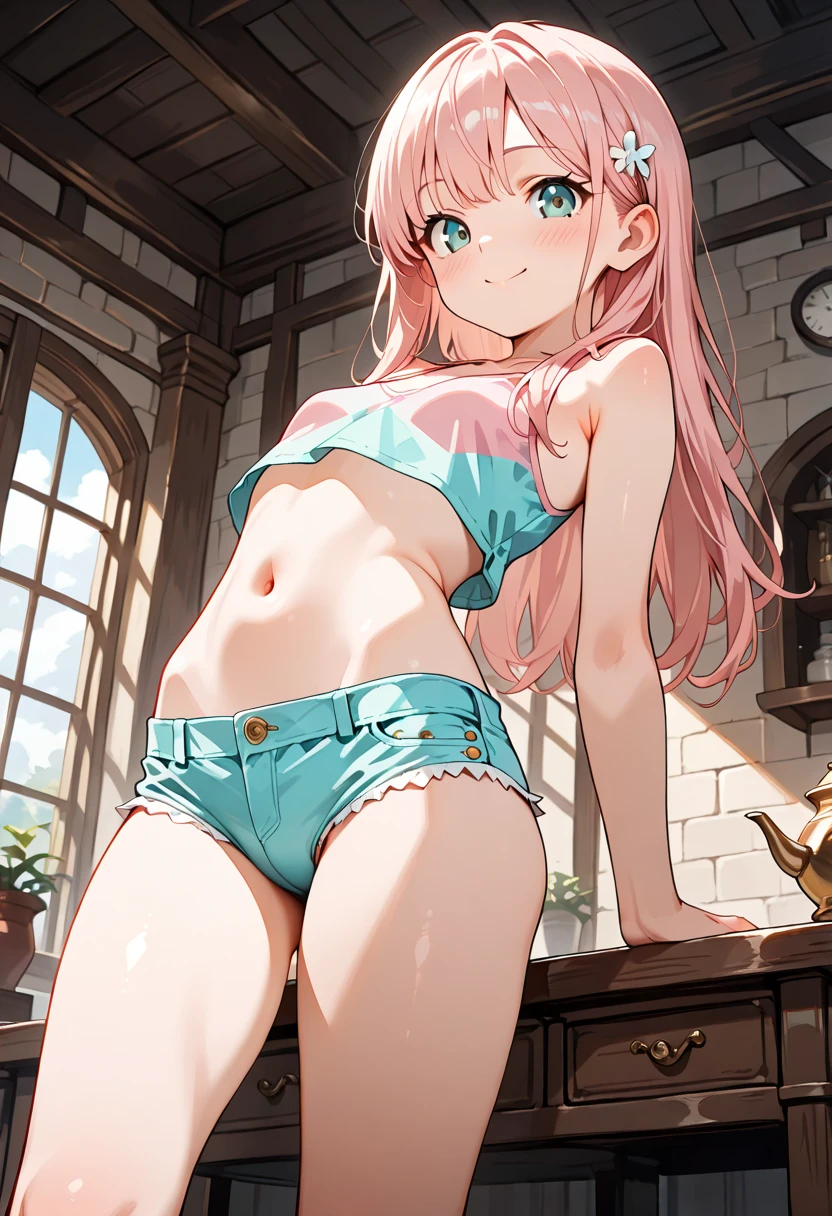 Highest quality 8K resolution,masterpiece, Exquisite detail, Realistic, Realistic, Soft tones,Color Palette, Alone, (25 year old girl:1.6),(Small eyes:1.5), (Long Hair:1.5), Shiny pink hair,Asymmetrical bangs,(No bra), (Sleeveless lift:1.6),(Simple underwear),Beautiful proportions,Open your mouth,(Shiny white skin),Very beautiful detailed eyes,blue eyes, (Mid-chest,Cleavage:1.3), necklace,Earrings,Star motif accessories,Cowboy Shot, Are standing, indoor,Detailed clothing,7 lifespan,(low length)