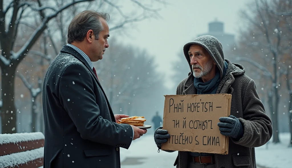 A vagrant holding a sign that says "I'm Klak and I want an egg" Behind another holding a sign that says: