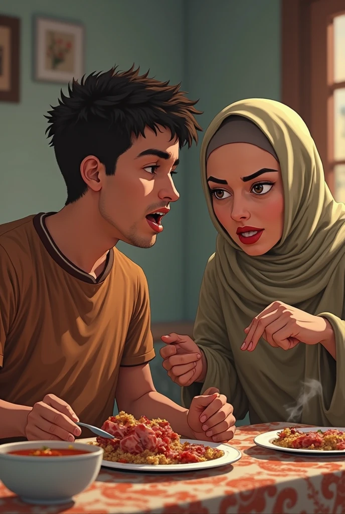 1 Brother and 1 niqabi sister food reviewer in restraunt together