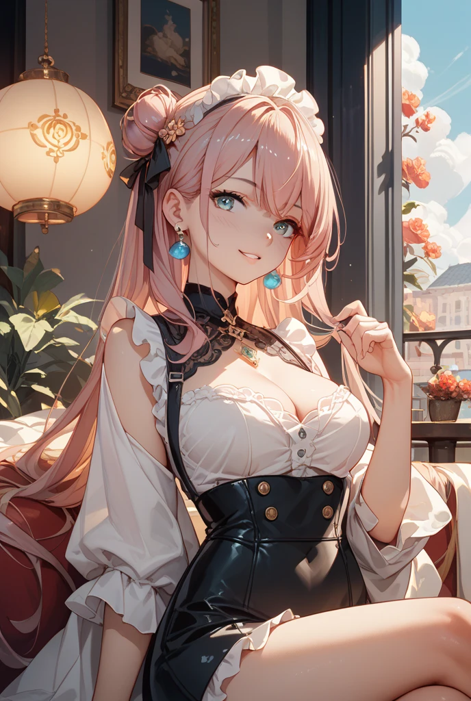 perfect human body,girl, mature female, mature, Beautiful wife,milf, long hair, french braid, side braid, Big, etc,blush, lipstick,(Very detailed background、snow,Glass flower room), clavicle,(ultrashort)Lolita skirt,translucent,((woman with fever)), huge ,((The expression of color)), (blush:1.2), Smile,
