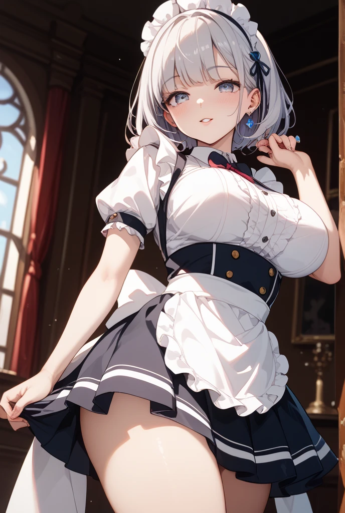 table top High level image quality best image quality 8K adult woman whole body portrait pure white long gloves(elbow gloves) Pure white stockings(change stockings) maid(sleeveless) mini skirt(I can see your pants) white wolf ears short hair((shortcut)(gray hair)(perm)(fluffy)) eye color is blue attractive face((laughter)(smile)(open your mouth)) put your hands on your knees view from the side Raise one leg to the chair