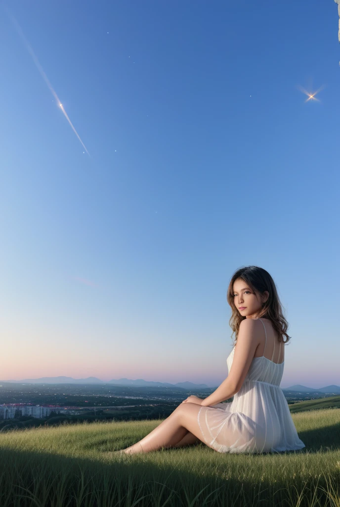 a beautiful woman,Standing on the mountain,little smile, happy , big breasts,at the viewpoint,You can see the image below from a distance.,Bokeh,dusk time,galaxy ,see the sky,Constellation