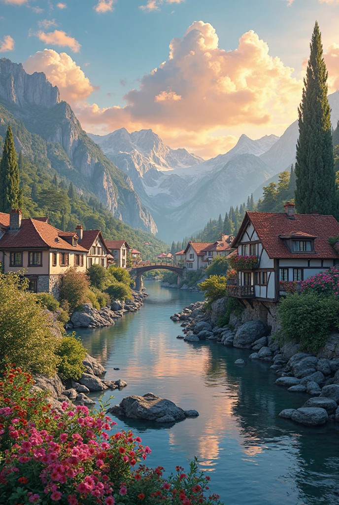 A small town by the river, mountains in the background, flores florales ...