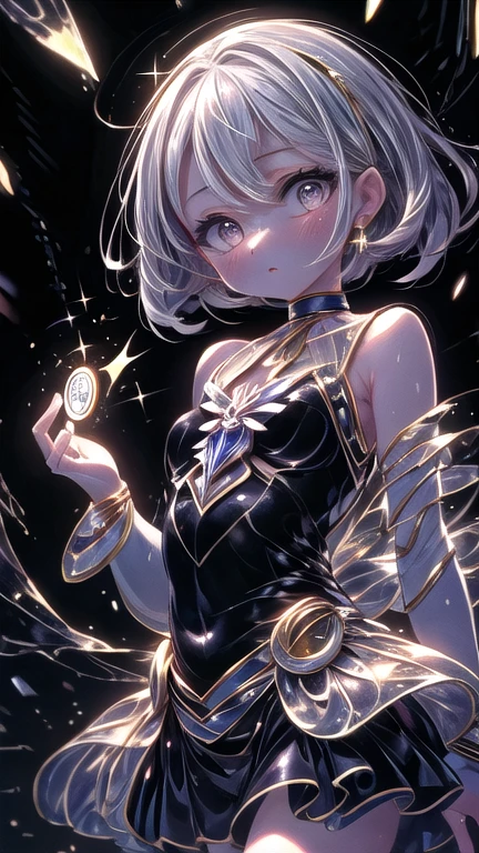 masterpiece, 4K wallpaper, cinematic light, absurd, trait 1 girl, amber hair, silver earrings, (small crystal float:0.6), crystal floating, particle glow, fantasy gold costume,