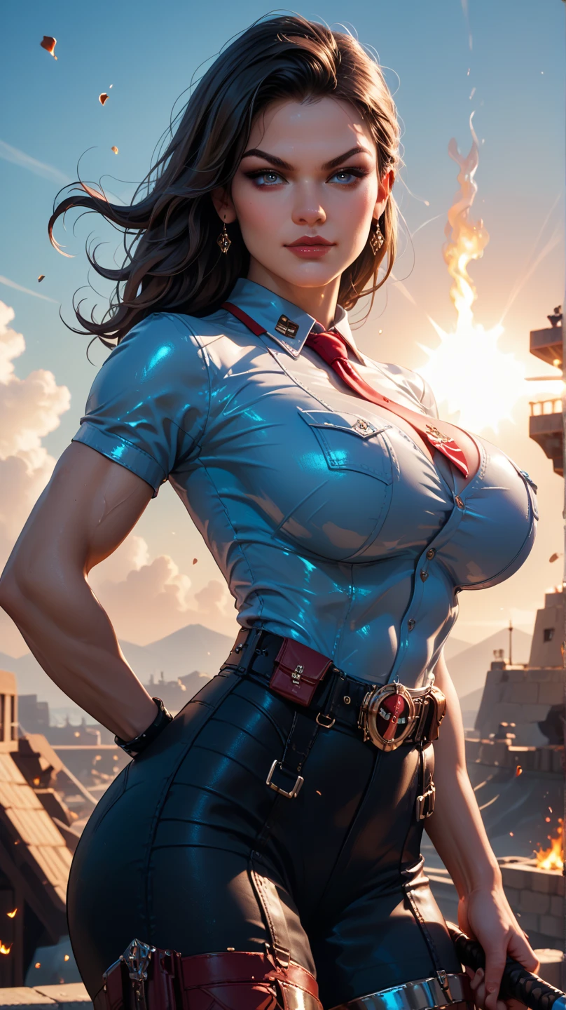 motor irreal:1.4,CG ultra realista 64K, fotorrealista:1.4, textura de la piel:1.4, obra maestra:1.4,posing behind Beautiful woman in a Superman costume standing in front of a fire apocalyptic city, big bursting tits, mostrando vientre plano,red miniskirt, ,beautiful fine hands,