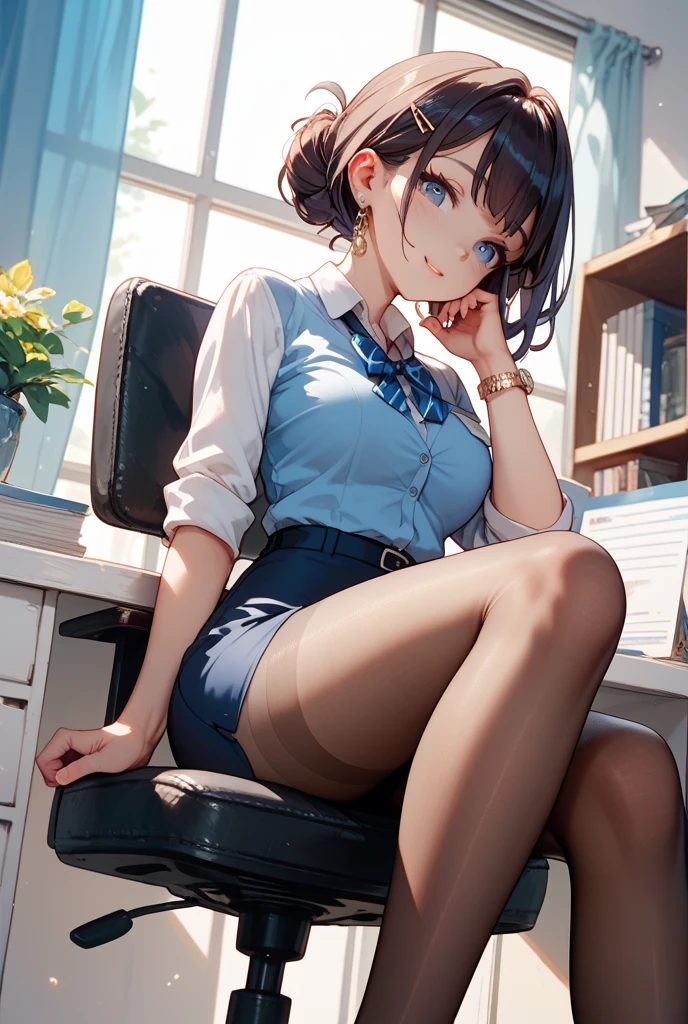 (1 person、alone:1.1), Beautiful woman, Anatomically perfect body, Slender、(OL, officeレディ), (blouse、Long skirt:1.1)、(looking at viewer), Looking up、(detailed panty), (Pussy juice:1.1)、Age 25、(Highest quality)、Black Hair, (french twist:1.1), office、(8K, High resolution)、(shy:1.4)、medium breast, Thin legs、Small Ass、(steam:1.1), (embarrassed:1.3), show off nipples under shirt、sit、(Bend your knees), (High heels)、High definition beautiful face