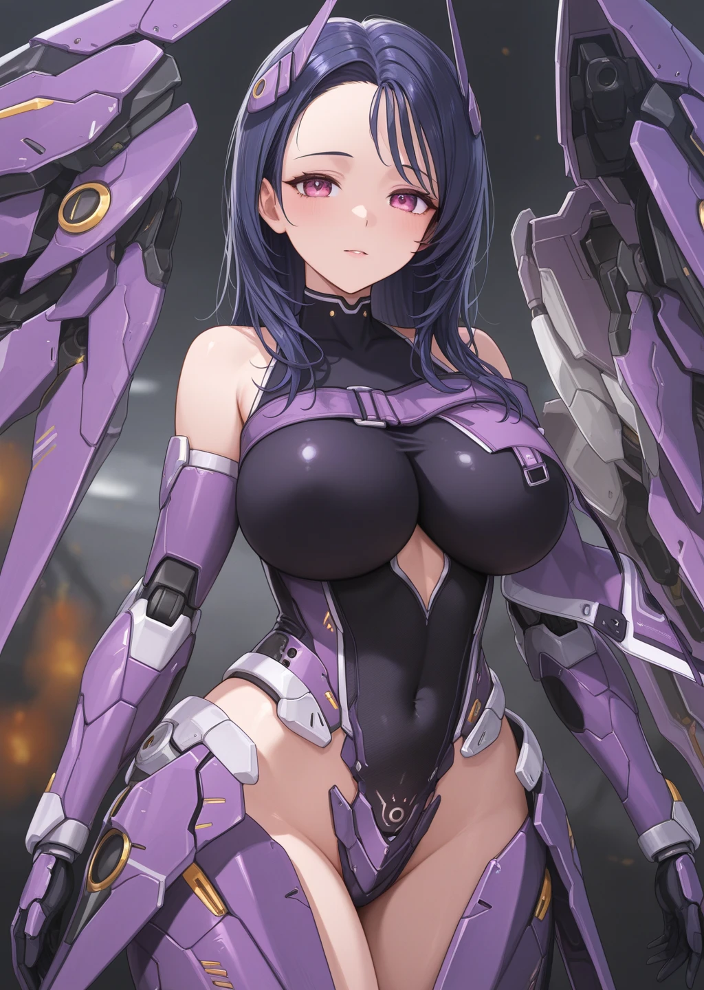 Highest quality,masterpiece,High resolution,Super detailed,perfect anatomy,extremely detailed CG,girl,Full body painting、No correction、（（（Sato Air）））、Character portrait、Evil Combatants、One unparalleled beautiful girl,Short Hair,Brown Hair,Blue Eyes,Big Breasts,Big Butt、（（Fallen into evil））、Black bodysuit、A plump and seductive body、Wicked Smile,cute,Refreshing belly,,See-through clothing、Shiny skin、Wearing a mechanical miniskirt、（（Mecha Girl））、Knee socks、（（Obscene lines））、（Has a mechanical demon tail）、（Has mechanical demon wings on his back）、（Mechanical Limbs）、