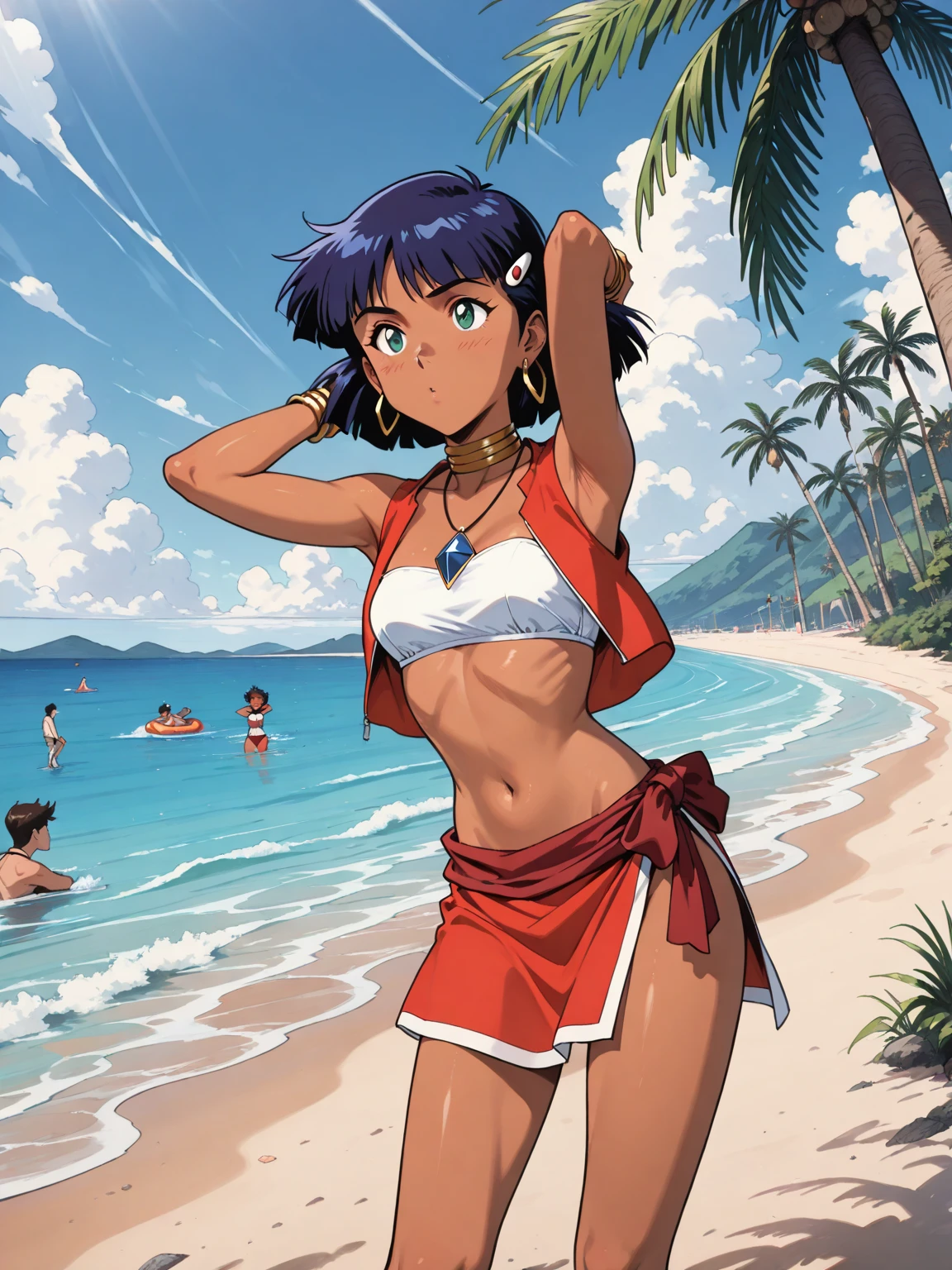 A woman with long cyan-blue hair is walking on the beach, looking back and reaching out for you to join her. She's dressed in a tropical-colored swimsuit cover-up and bikini, sporting red lipstick and a slight blush. She has green eyes, shining with Life. The weather and lighting are serene, with a clear sky and small clouds above