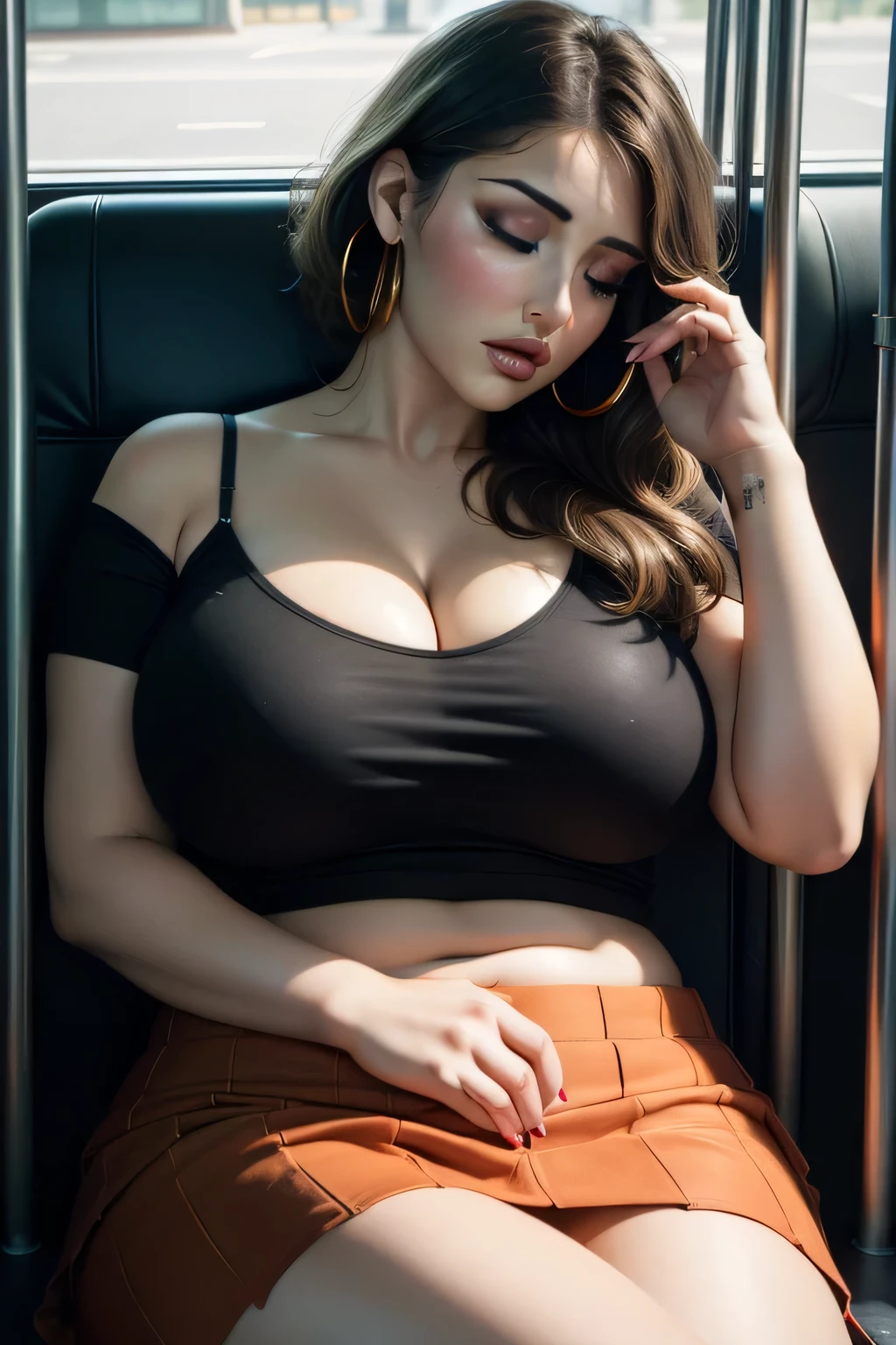1 beautiful woman, large body, brown hair, made-up face, wavy hair, large hoop earrings; glasses, CREAM DRESS; neckline; Pearl Necklace; big nails, made-up eyelids, high boots, asleep lying on the bus, eyes closed, mouth open, asleep with her mouth open, Lucy pinder.
