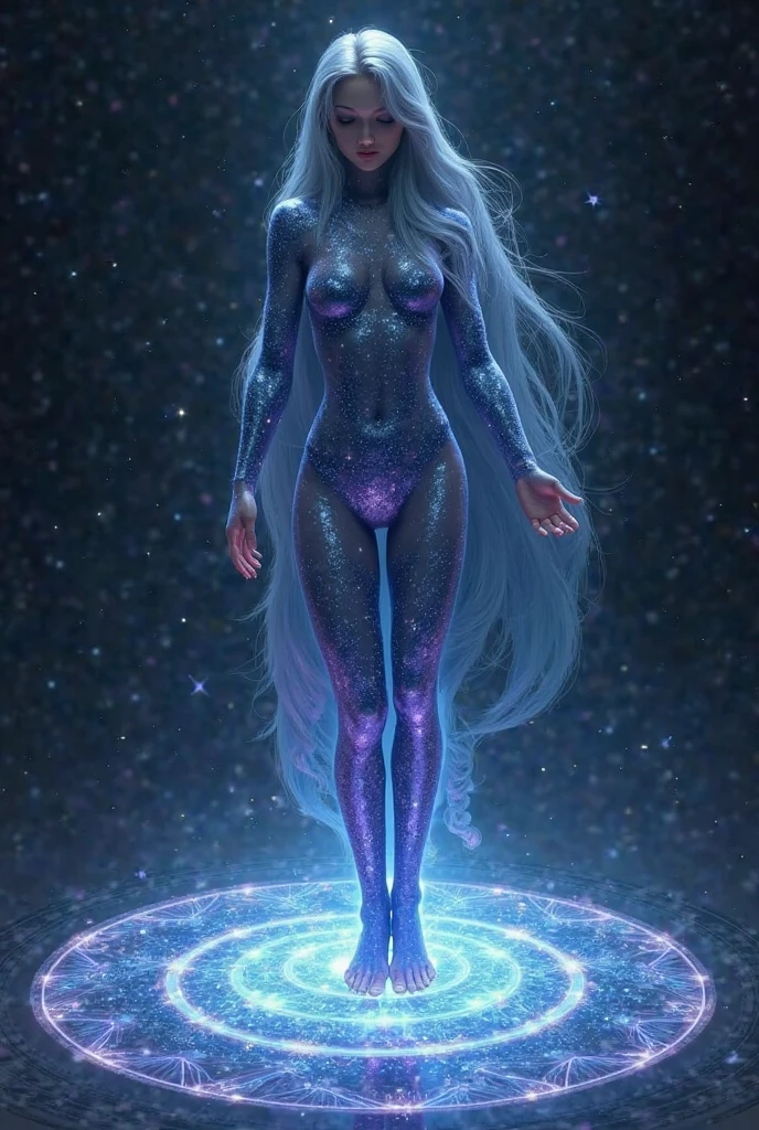 Create a full body shot of a black woman, her figure photorealistically rendered in ultra HD, 32k resolution. She floats in an empty, dark room, the silence broken only by the gentle hum of unseen machinery. The room is bathed in light emanating from her body, which glows with the radiance of the universe and the shimmering beauty of the galaxy. The walls of the room fade away, replaced by the infinite expanses of deep space, rendered in breathtaking detail using Unreal Engine. Stars twinkle and nebulae swirl around her, their vibrant colors and intricate structures captured in hyper-realistic detail. A sense of awe and wonder per