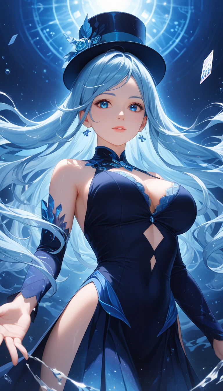 Yuki onna,frosty theme (masterpiece, top quality, best quality, official art, beautiful and aesthetic:1.2), detailed sexy costume,Extreme detailed,Sexy Demon, 1 girl, large breasts, , (one oni horn:1.2), frost around,blue ice power, glowing body, sexy, , Colorful, Highest detailed, Cold light, tatoos