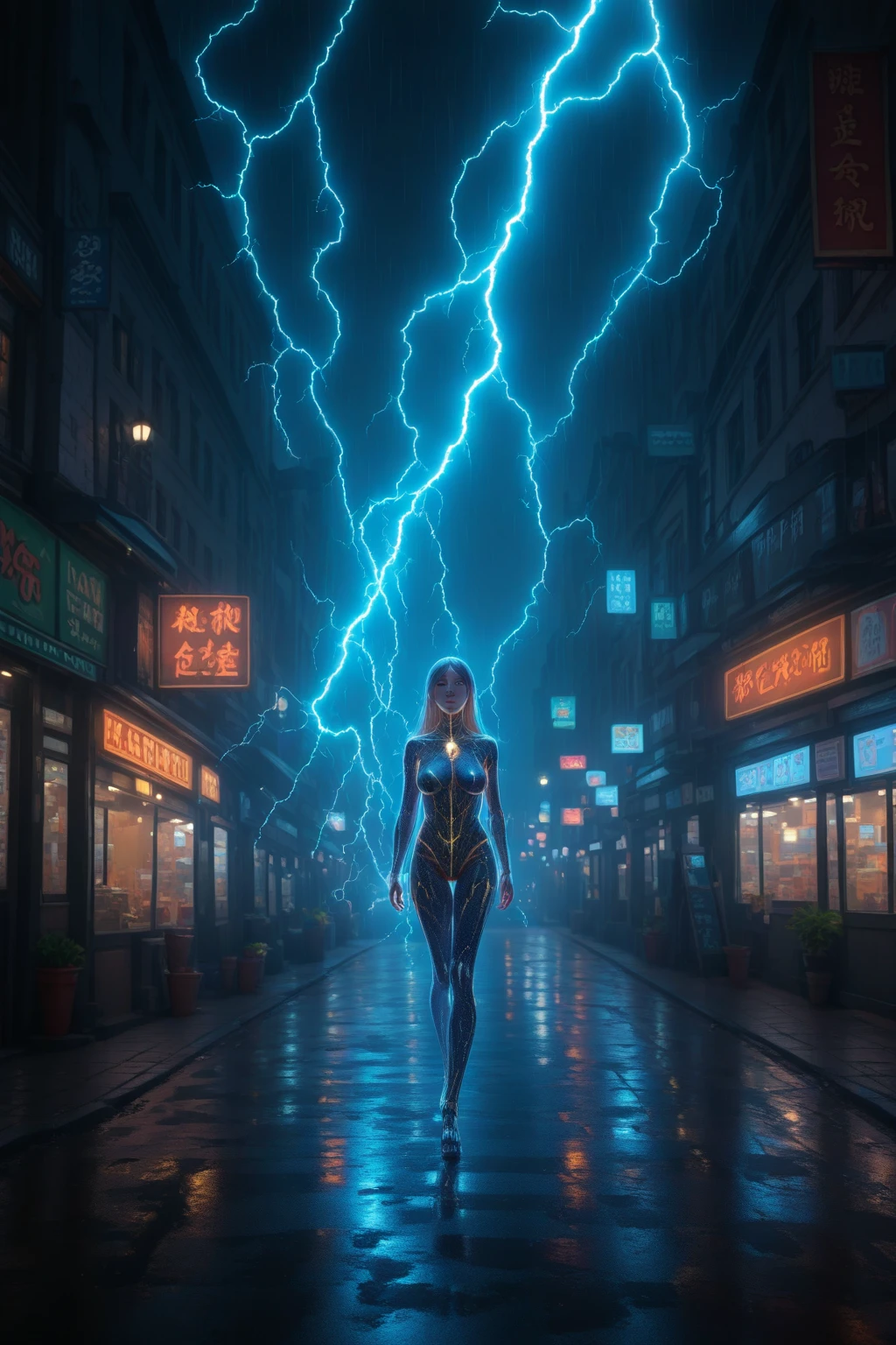 (highest quality、4k、8k、High resolution、master piece: 1.2)、Super detailed、(real、photorealistic、photorealistic: 1.37)、Destruction of a Great City、(A telekinetic woman stands in front of a giant jellyfish robot controlled by an invader.:1.37) 、(Women are young and beautiful、18-year-old、unparalleled beauty:1.5)、Insert mental barriers to resist robot attacks、vibrant cityscape、Bright colors、Shining skyscrapers、busy street、Futuristic architecture and technology、Advanced holographic display、Neon light splashes 、dramatic lighting、intense shadow、Awe-inspiring power that exudes from women、Determination in His Eyes、An elegant flowing gown、Dynamic action in the wind、Reach out and rush towards the robot.、A powerful energy emanates from the hands、Blue glowing aura、sparks of electricity、electricity crackling in the air、A vortex of energy surrounding a woman、A fascinating and surreal atmosphere、A sense of danger and impending destruction、Background chaos and destruction、Crumbling buildings、flying debris、Smoke and flames、 The contrast between beauty and destruction、The war between technology and the extraordinary power of young women,A jellyfish robot is destroyed by a telekinetic woman and falls apart