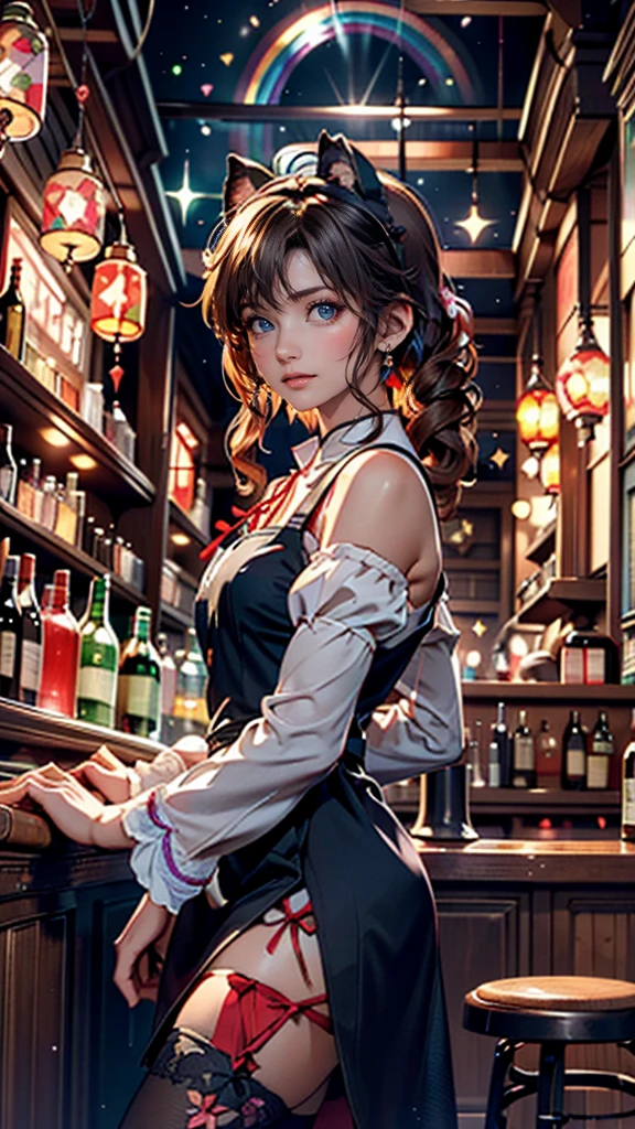 solo, young girl, green eyes, short haircut, ponytail, black hair, bare shoulder clothing, casual outfit, shoes, Bandage, long earrings, red lipstick, indoor, classic bar, morning day, full body version, full shot camera, detailed background, detailed hair, detailed clothing, (Bleach style art), big breasts, sad eyes, smile mouth, standing gesture 
