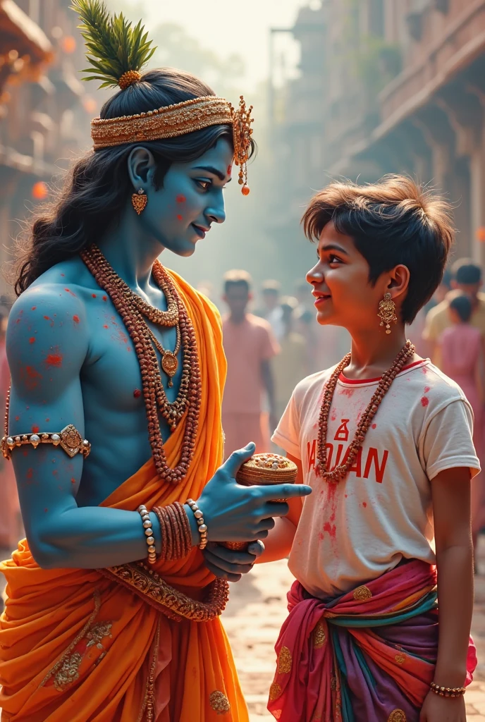 Realistic lord krishna  standing in a old beautiful temple and giving high five to a brown indian normal 1 tall skinny boy and wearing a yellow hoodie and black cargo jeans and nike shoes (both are smiling) 