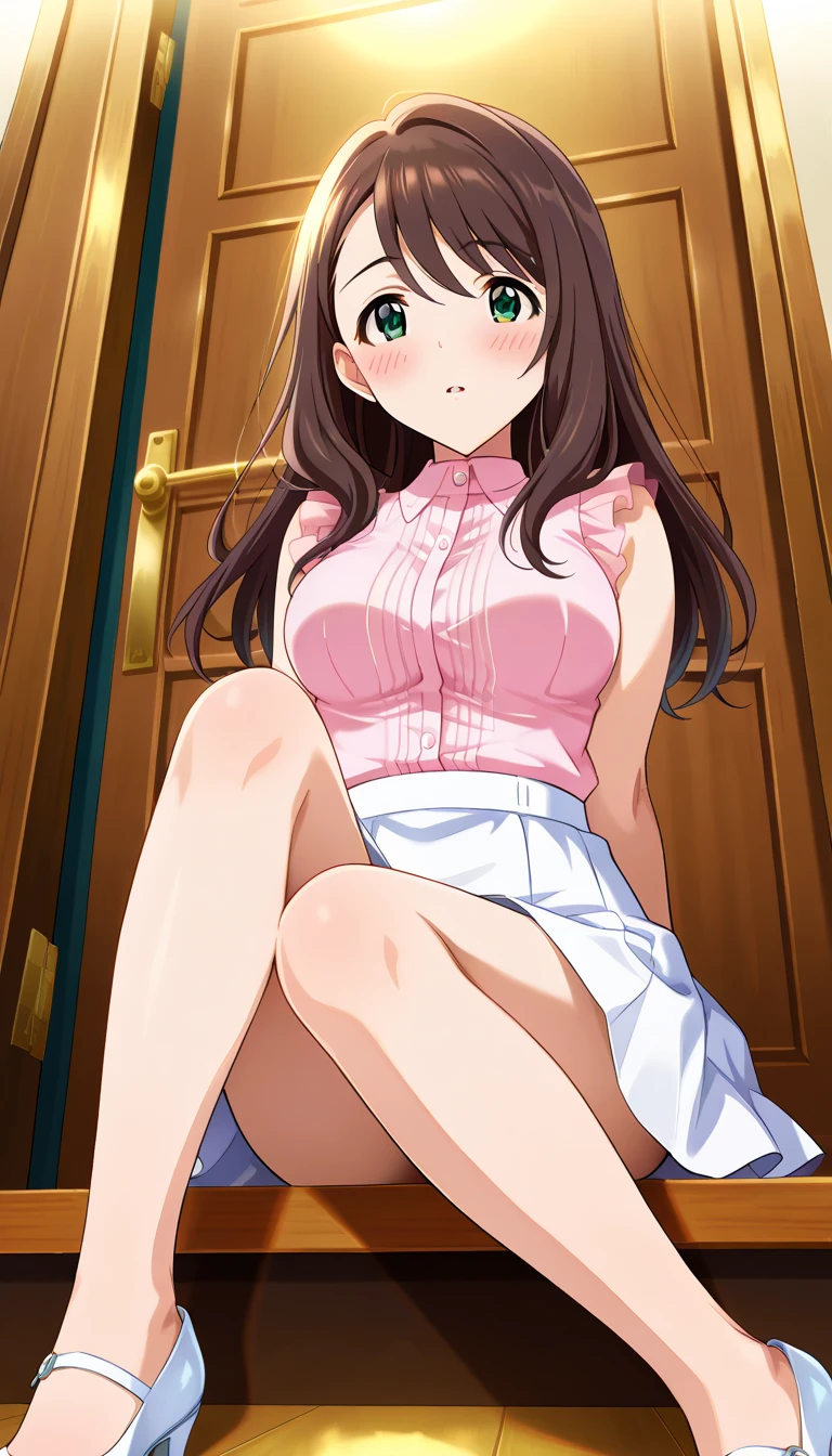 FrillWEP, 1girl And 1boy, solo, orange hair, green eyes, black hairband, very long hair, white dress,sleeveless dress, collarbone, wavy hair, Sex ass anus Penis and Veginal girl on top hetro