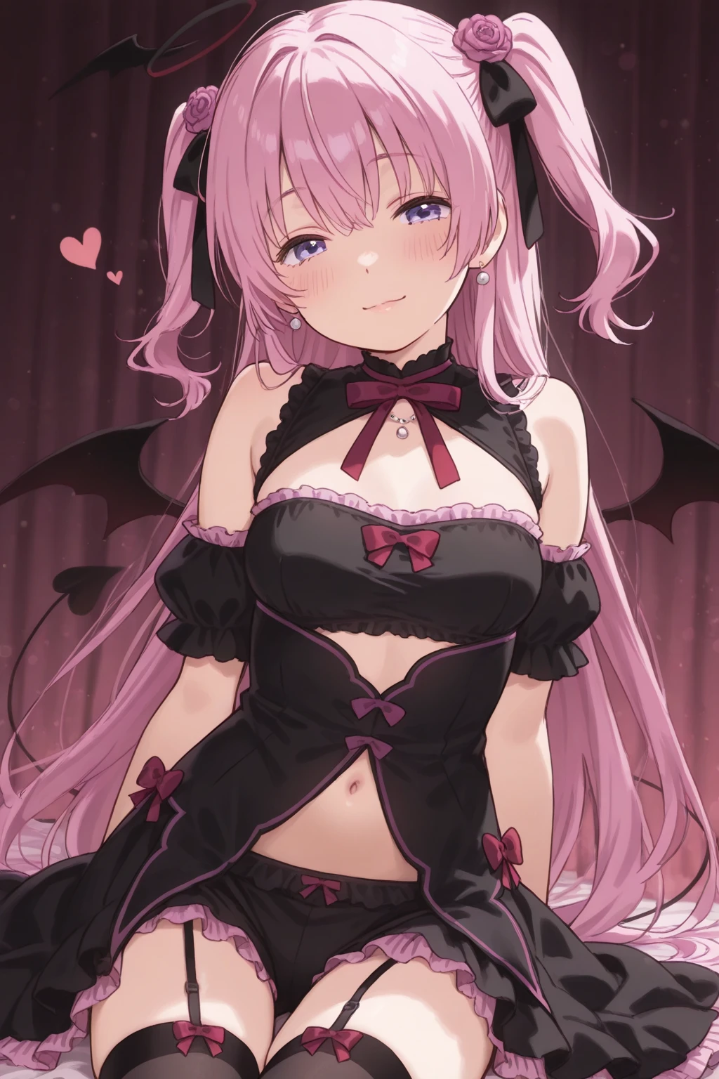 art by kipteitei, 1girl, pink hair, hair up long and wavy cascading down shoulders, red eyes, succubus, black lingerie, horny, (best quality, masterpiece)