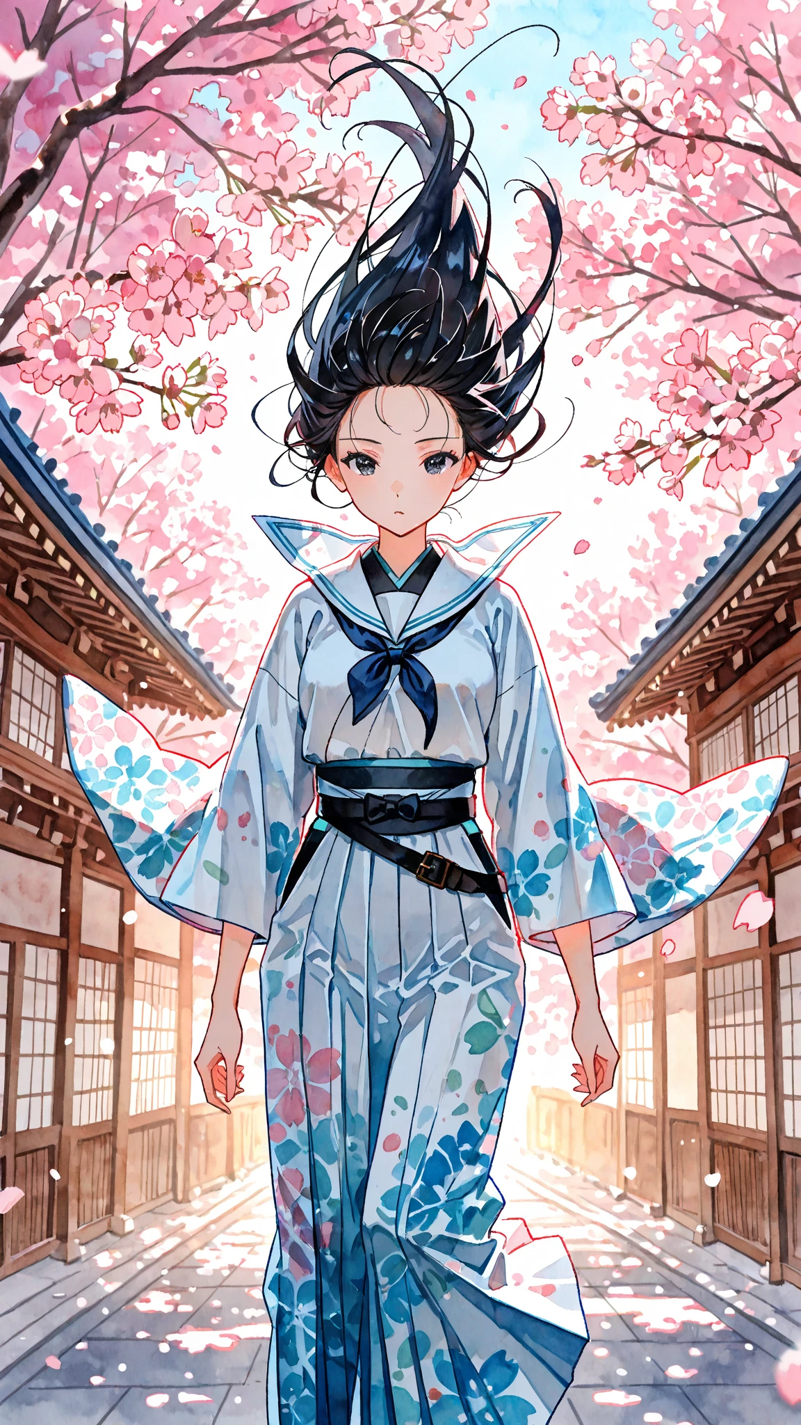 Watercolor-style,Watercolor,no-outline,no-borders,Blurred,Colorful,1girl, japanese school uniform, kimono elements, hybrid outfit, sailor collar, hakama skirt, long black hair,standing,Beautiful expression, wind blowing hair, traditional Japanese architecture, cherry blossoms falling, dramatic lighting, sash belt, atmospheric perspective, detailed background, dynamic pose