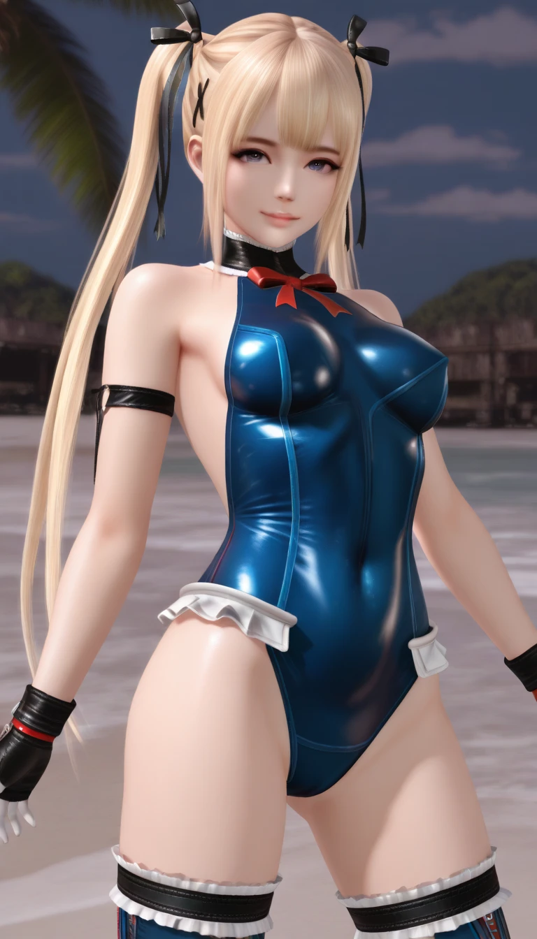 ((Highest quality,Extremely detailed CG Unity,32K)), (( Professional quality,Perfect photo, Ray Tracing, Perfect volume lighting )), ((Hyper Detail,Intricate details))((Masterpiece)),眩しいハイライトが入ったプラチナblondeの髪、Shiny bright hair,、Shiny beautiful bangs、Sparkling, clear, attractive big blue eyes、Very beautiful, lovely and cute girl、(((((Hola, White latex school swimsuit for a perfect fit..6)))((Camel Toe)monspudis,(Frilled swimsuit,Yellow ribbon around neck White knee socks 1.1, Removed sleeve), ,(White fingers:1.1,Black gloves),(((blonde))),(Very long hair:1.6),Twin tails、Beach cove background、High kick pose