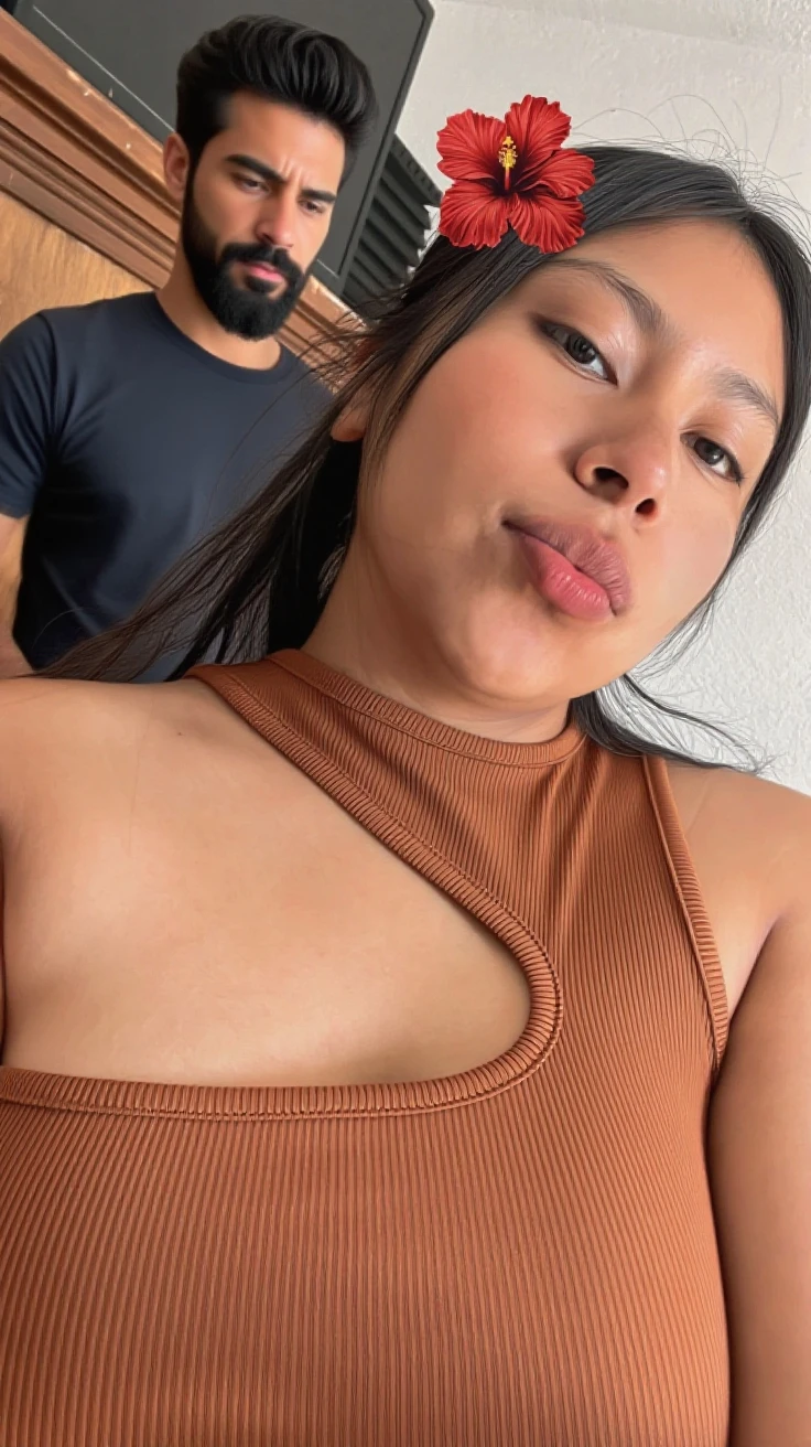 there is a woman with two big dicks in her face, his face flushed and sweaty, thick red lips, cumshot, erotica
