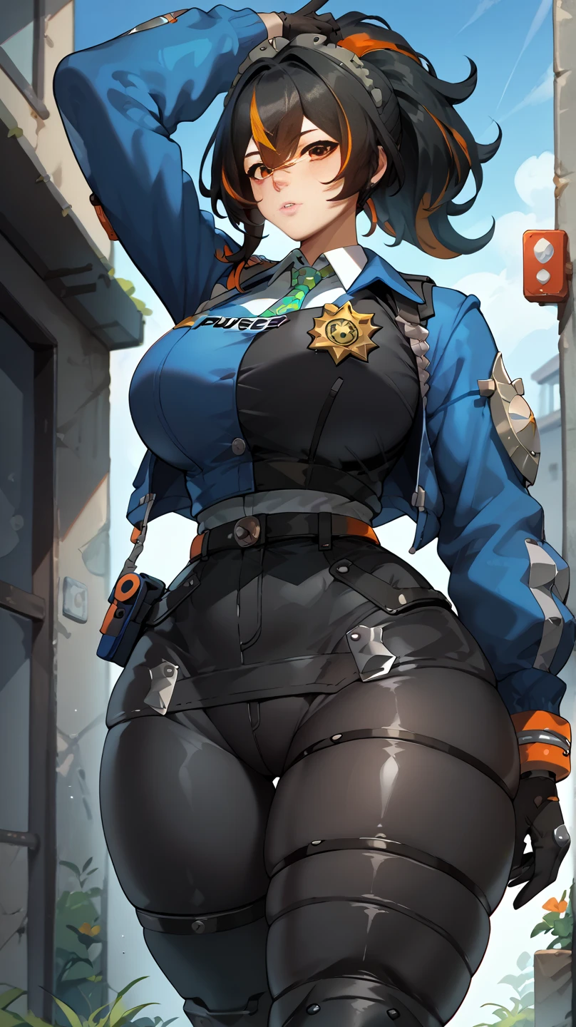 gorgeus girl, olhos verdes profundos amendoados, muscular arms, Ultra HD, retina, obra de arte, Anatomicamente Correto, pele texturizada, detalhes altos, premiado, Melhor qualidade, 8k, alto,( holster, gun holster, bondage gear, armwear, legwear, Choker, black gloves, elbow sleeves, yellow headband, pantyhose, harness, belt with pounches,), shirtless, bottomless, shaved pussy, large perfect breasts, wide hips, thick thighs, naked, clothless,