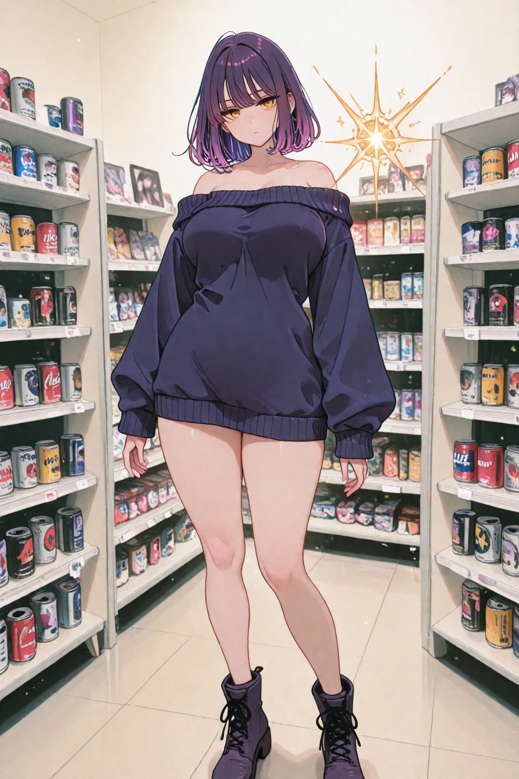 Masterpiece, best quality, Masterpiece, best quality, 1 woman , pink hair , purple eyes , sly face , black bikini , big breasts , abdomen , Long legs , Put your hands on your hips. , Barefoot , full body , convenience store