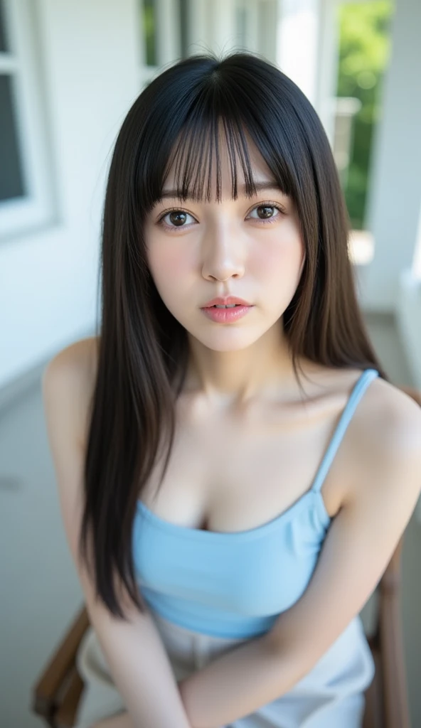 8K quality、High resolution、Realistic skin texture、High resolutionの瞳、woman、Japanese Summer Office Lady、Sleeveless knit shirt、Princess Hair、thin、、Small breasts、Small breastsの谷間、Brown Hair、thin脚、big、Sweat accumulates in the chest、Rooftop、Brush your hair up