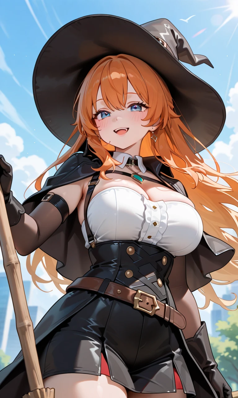 , Medium tits, cleavage, masterpiece, (photorealistic:1.4), best quality, beautiful lighting, large witch hat, admiral long coat, shoulder badge, (ulzzang-6500:0.5), makima \(chainsaw man\), (red hair)+(single long braided hair)+(bangs), yellow eyes, golden eyes, ((ringed eyes)), RAW photo, 8k uhd, film grain, at castle, mediavel, closeup
