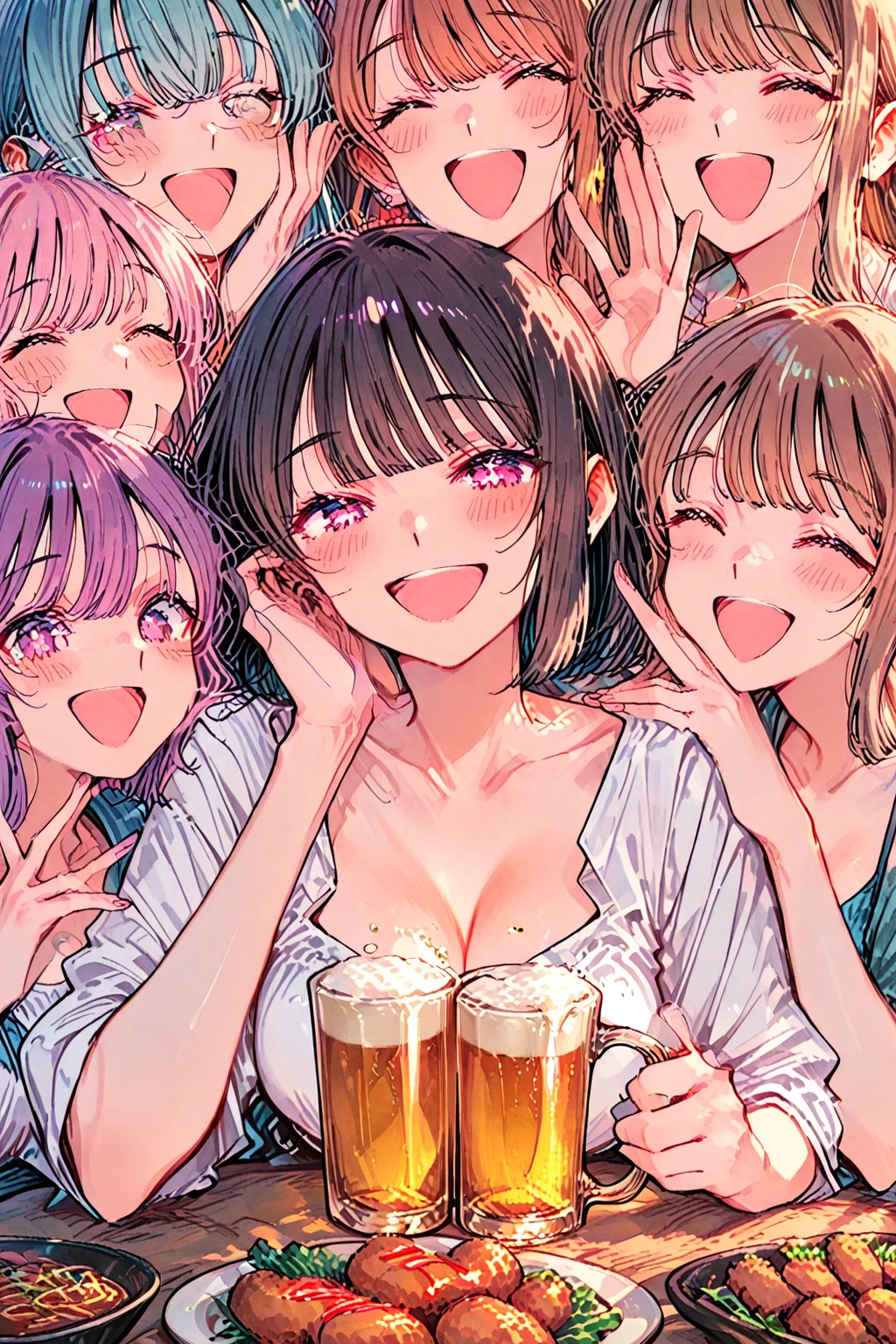3females,blowjob,handjob,black hair,brown hair,short hair,tongue out,sweaty,aroused and happy,looking at penis,bukkake on face,brown blouse,conservative fashion,,at nightclub,females licking 1penis pov,from above,bukkake on face,(only 1penis),hyperrealistic