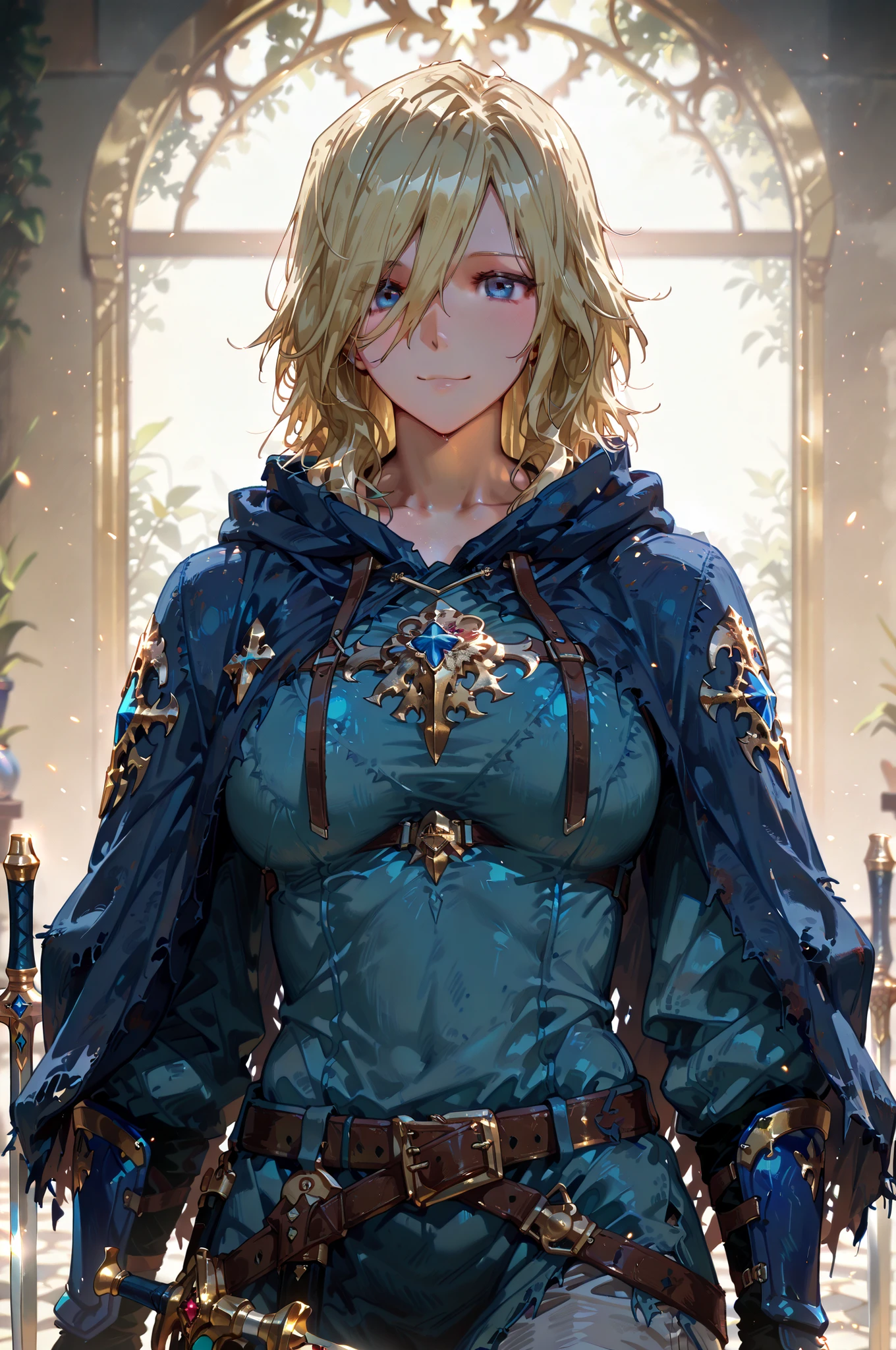 Solo; 1 Shokolade, jormugand Shokolade, athletic toned body, wears a blue armored hooded cloak that drapes over a rugged tunic, giving off a medieval or fantasy vibe, straps and belts wrap around the chest and waist, securing a sword at their side. The chest area of the garment is notably worn and frayed, a smiling in a gentle expression, color palette adds depth to the scene, evoking a sense of fantasy and nobility