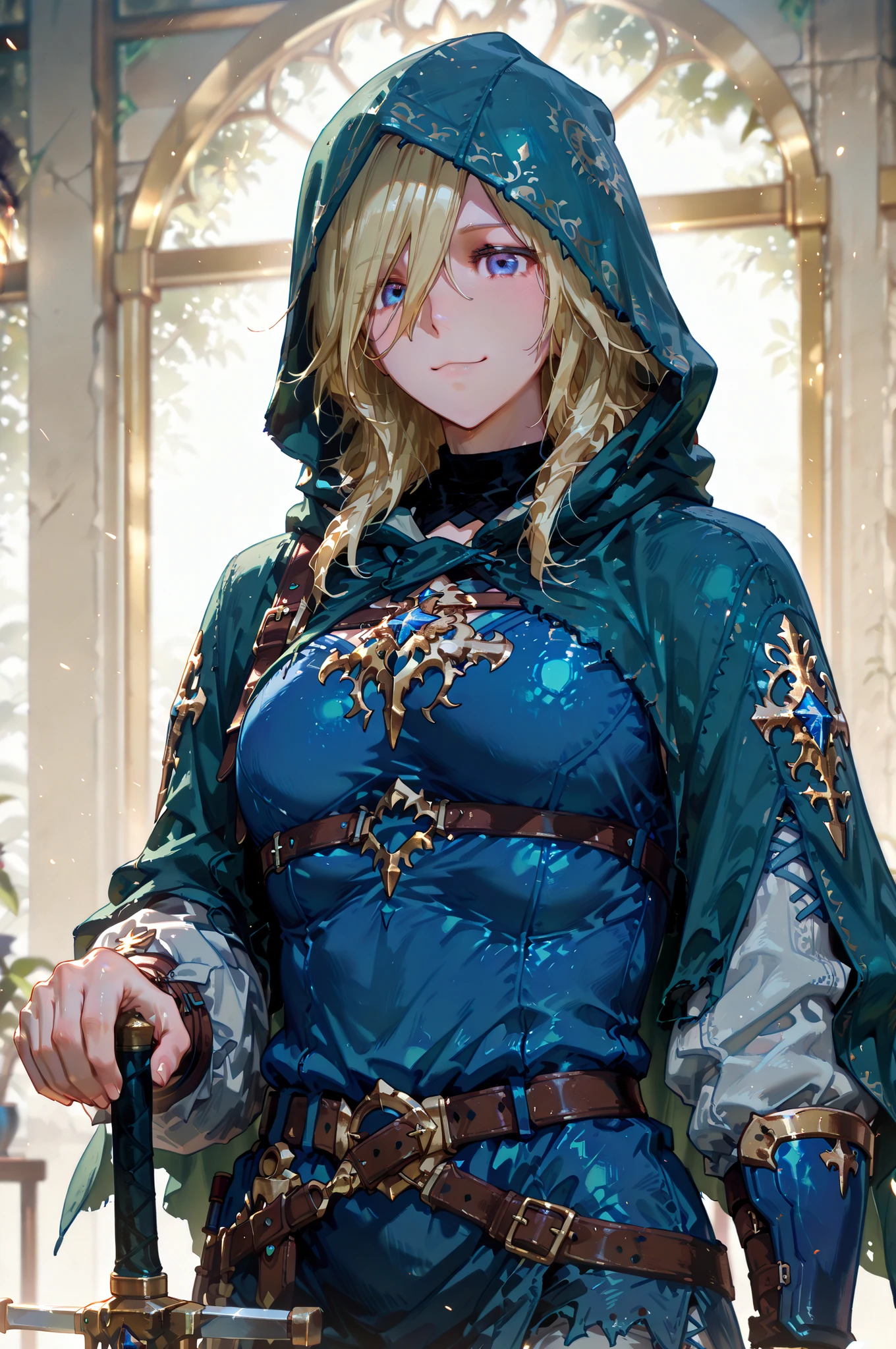 Solo; 1 Shokolade, jormugand Shokolade, athletic toned body, wears a blue armored hooded cloak that drapes over a rugged tunic, giving off a medieval or fantasy vibe, straps and belts wrap around the chest and waist, securing a sword at their side. The chest area of the garment is notably worn and frayed, a smiling in a gentle expression, color palette adds depth to the scene, evoking a sense of fantasy and nobility