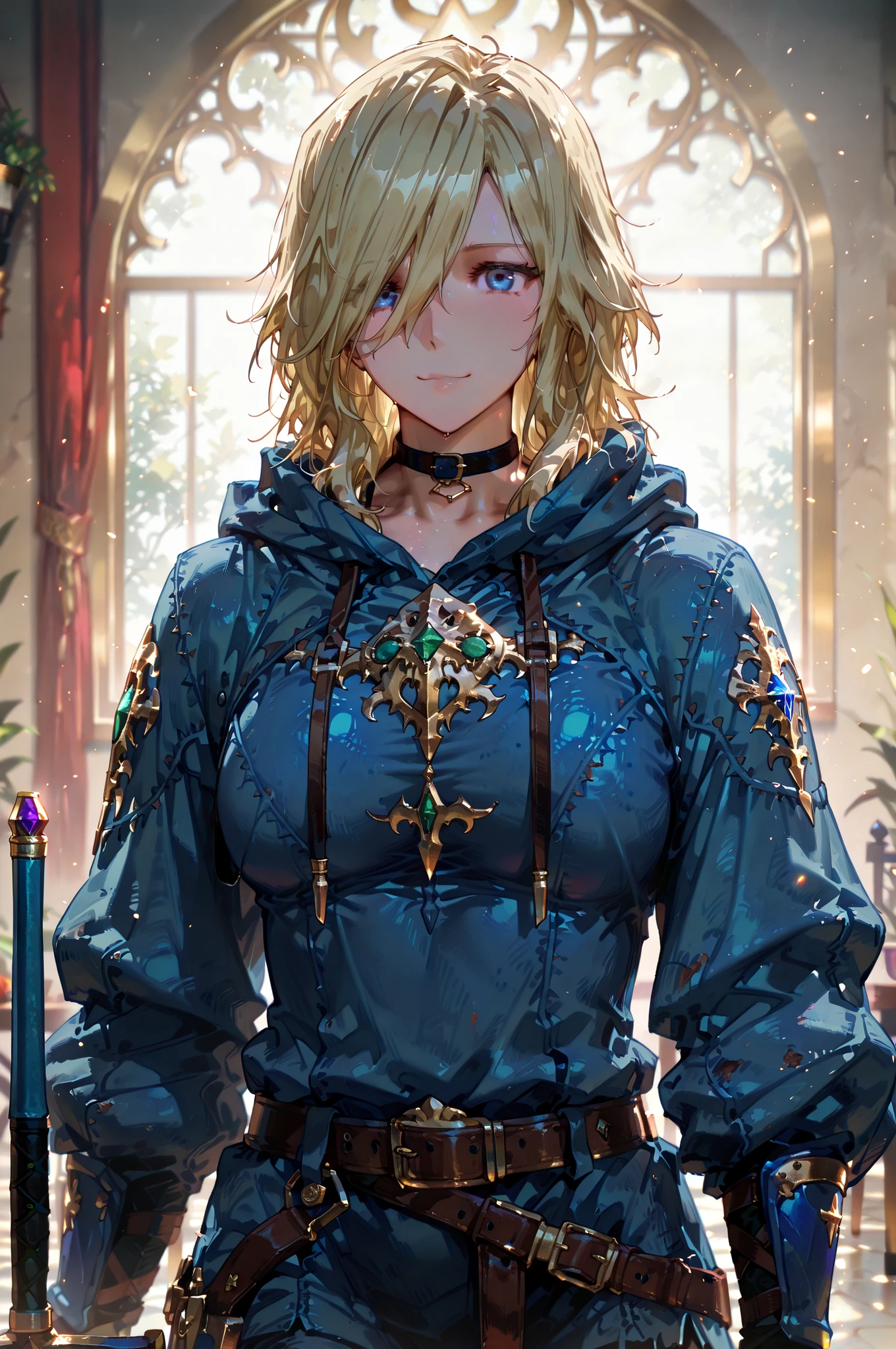 Solo; 1 Shokolade, jormugand Shokolade, athletic toned body, wears a blue armored hooded cloak that drapes over a rugged tunic, giving off a medieval or fantasy vibe, straps and belts wrap around the chest and waist, securing a sword at their side. The chest area of the garment is notably worn and frayed, a smiling in a gentle expression, color palette adds depth to the scene, evoking a sense of fantasy and nobility