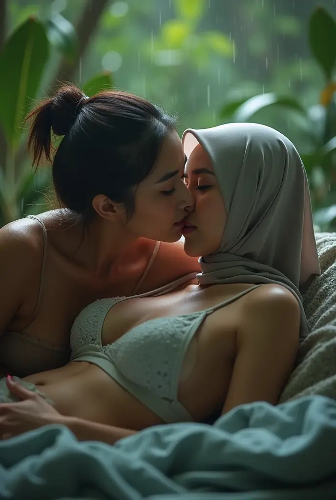 beautiful hijab indonesian lesbian girl laying down,bra and panties,hugging,french kiss,breast grope,view from far,,raining,look to the viewer