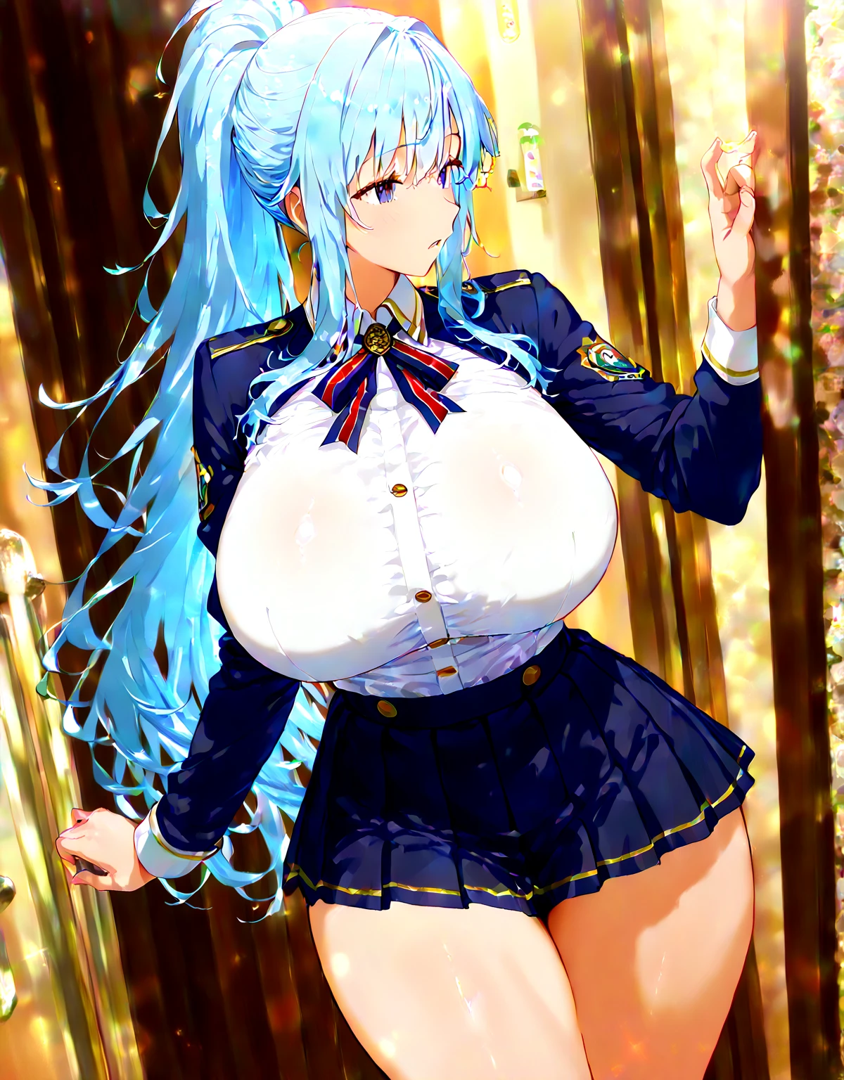 ((masterpiece))、highest quality、Very detailed、Extremely detailed CG、Unified 8K Wallpaper、Beautiful night view、Bench on the hill、Skyscrapers visible in the distance、Many shooting stars in the night sky、Calm atmosphere、The gentle light of a street lamp in the darkness、A summer breeze blows、
(Big Breasts: 1.8)、Cute Uniform、mini skirt、No sleeve、
Shiny skin、Glowing Eyes、Big round eyes、Detailed eyes、blue eyes、Long Hair、Blue Hair、Perm、(button gap:1.1)、(partially visible vulva:1.5)