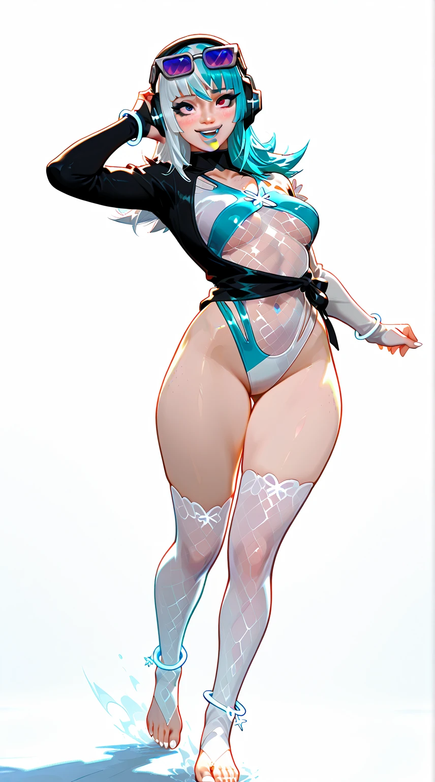 rscore_9, score_8_up, source_アニメ,th,ahoge,ponytail,bright pupils,stockings,latex,tie,garter belt,oldschool swimwear,shame,High heels,((front view)),Small breasts,White background,Are standing,Double Peace