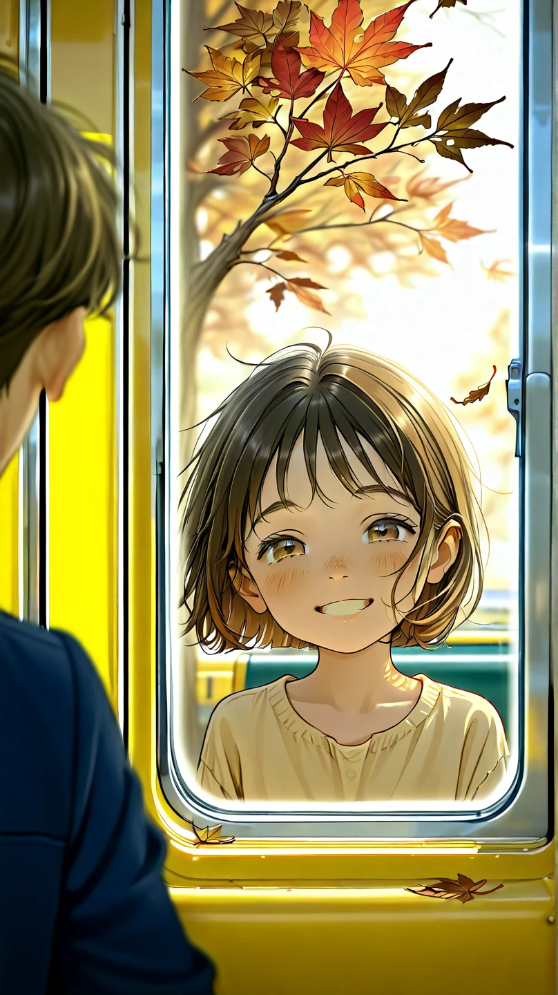 young girl on the school bus, watching a boy get on the bus, happy face of the girl reflected in the window, classic lighting of an autumn morning, dry leaves falling from the tree, view from inside the bus, view  the girl