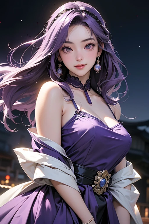 (masterpiece:1.4), (8k, photorealistic, RAW photo, best quality: 1.4), japanese, (1girl), beautiful face, (realistic face:1.4), (purple hair, long hair:1.3), beautiful hairstyle, realistic blue eyes, beautiful detailed eyes, (realistic skin:1.3), beautiful skin, attractive, ultra high res, ultra realistic, highly detailed, golden ratio, (detailed face:1.4), looking at viewer, (realistic medium breasts:1.4), (underboobs), standing, hand on hip, transparent dress, (braless:1.4), nipples_out, nsfw, futuristic ancient china city street, dynamic lighting, ponytail contorted, white china dress, hair ornaments, necklace, jewelry,