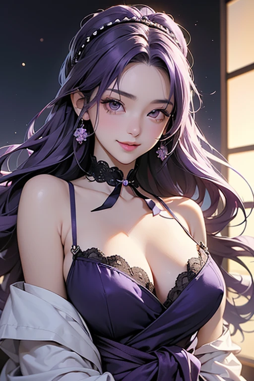 Black hair, long eyelasher, Fake animal ears, Light smile, Fang, Purple hair, Black hair, pony tails, double tails, Very long hair, widow peak, Hair ribbon, maid headdress, mouth veil, Earphone, flowers in head, Heart-shaped pupils, aqua eyes, Purple eyes, Pink eyes, Fox ears, Cat ears, grin, Naughty face, Light blush, chin grab, shadowing, stereograms, tachi-e, Atmospheric perspective, hyper photorealism, 8K, Super detail, ccurate, Best quality, A high resolution, High quality, Anatomically correct, 巨作， A beautyful girl，crisp breasts，cleavage，slender leg，Big breasts Thin waist，White flowers
