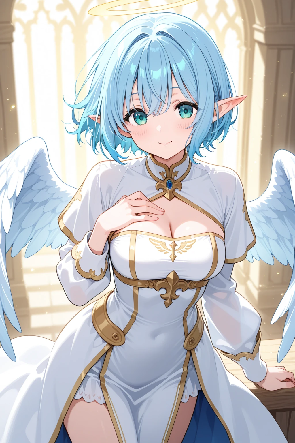 masutepiece, High resolution, 8K, anime woman, Delicate and detailed writing 、Detailed digital illustration、(((Pixie Bob)))、Shiny hair、a very beautiful woman、Eyes are double, Large,、 Bust is D cup、High image quality, High quality、Detailed background、The inside of the eye shines like a diamond、(((Blue hair)))、(((swept bangs)))、Gradient pupil、(((2 arms、4 fingers, 1 thumb)))、Detailed female face、a very beautiful woman、、细致背景、masterpiece、Soft Focus , Bright gradient watercolor , Lens Flare , (((Glitter))) , Glow , Dreamy ,Idol、Light blue ribbon、((Very beautiful light blue rose hair accessories))、White and light blue and golden costume、(((wears glasses)))、intelligent woman,、((Full smile))、((Chest macros))、Background night、1 Star Background、with full of stars,hide one's hands、(Nurse Costume)