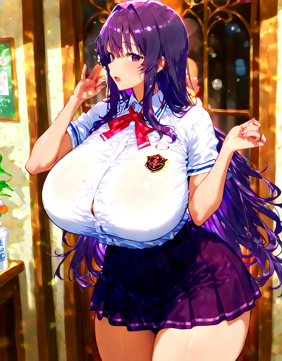 ((Upper body close-up))、(Huge breasts,Cleavage:1.9),Anna Yamada,gigantic breasts,Toothy smile、(Nurse uniform:1.5)、(In the classroom)、(Wearing a collar:1.5)、Earrings、Earrings、bracelet,(Delicate facial features:1.5)、(masterpiece, Highest quality, High resolution, Super detailed, 8k, 4K),(Put your hands behind your head:1.5),ponytail,(Beautiful Face:1.5),(Steam coming out of the sides:1.5),(nsfw:1.3)、My body is wet、Show off your armpits,Spread Armpit、Absurd、Highest quality, (Volupture)、(Armpits are visible:1.5)、looks happy、Smiling with white teeth、Small nipples、Small areola,Facing forward